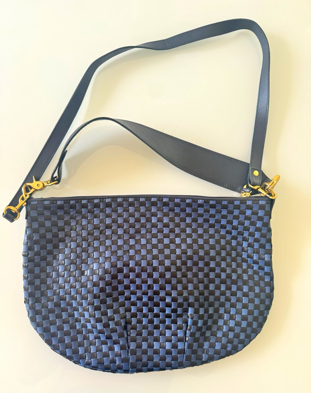 Clare V. Moyen Messenger Leather Shoulder Bag Blue Zip Detachable Strap Gold