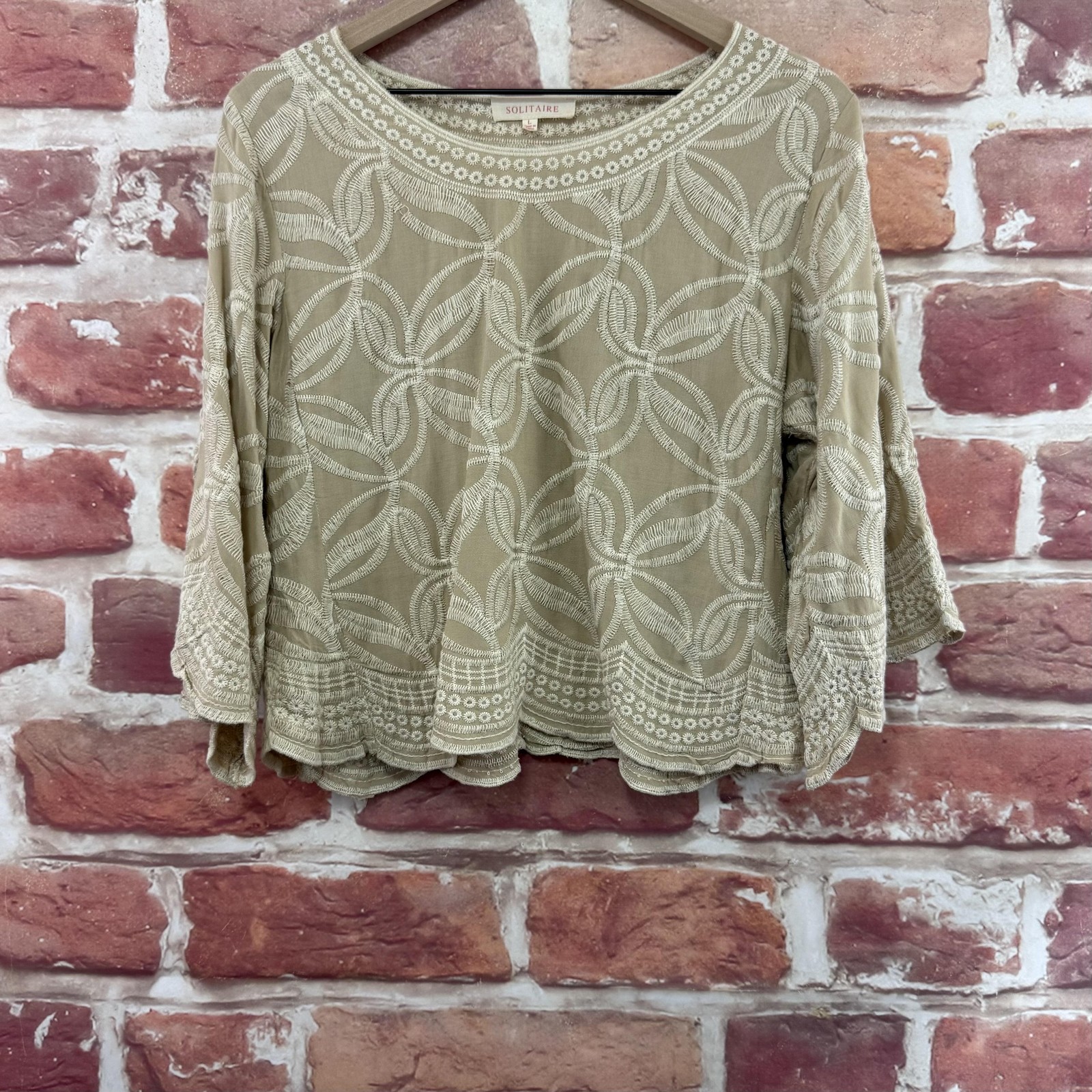 Anthropologie Solitaire Crop Top Womens Large Tan Boho Floral Embroidered Shirt