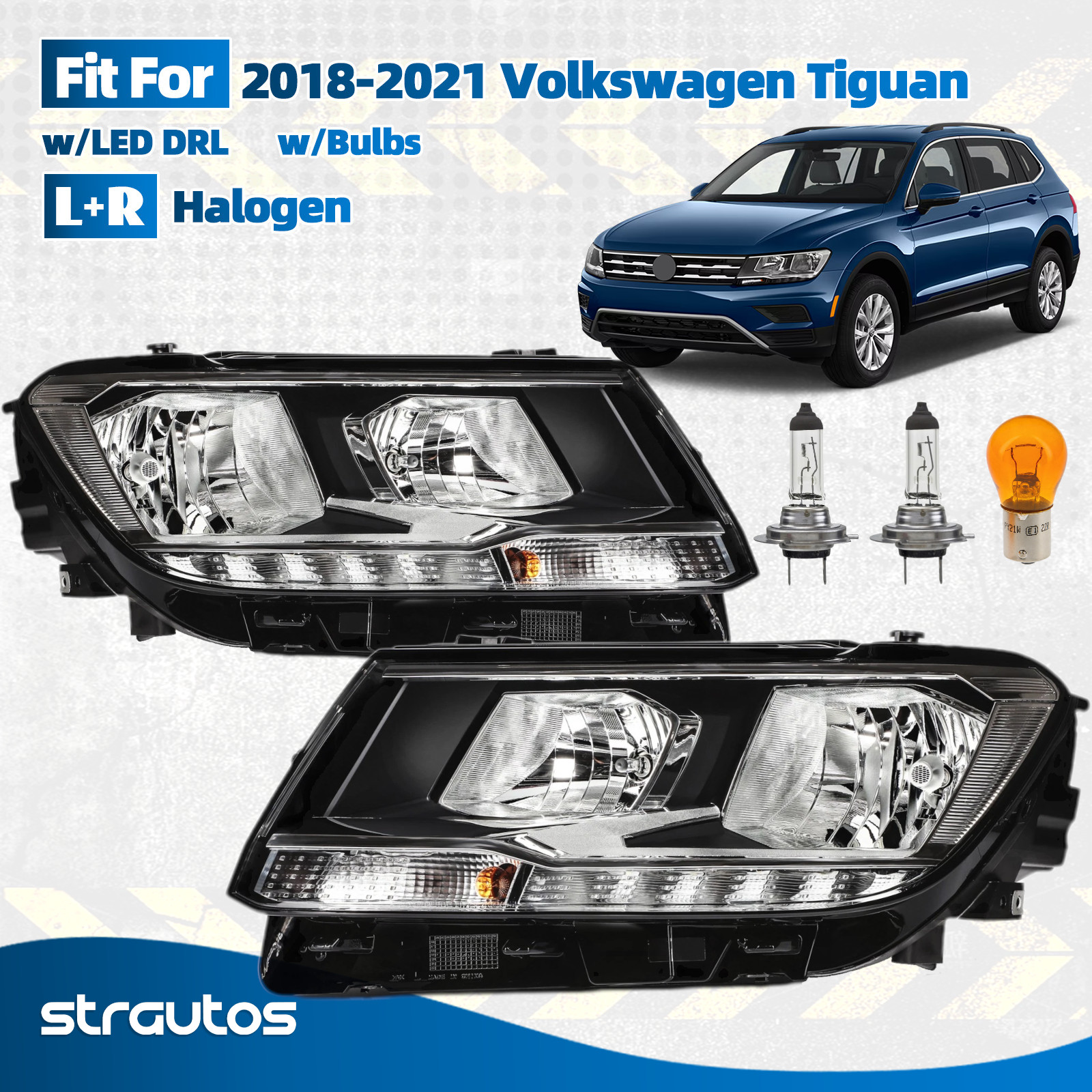 For 2018-2021 Volkswagen Tiguan Halogen w/ LED DRL Headlight Left+Right Pair