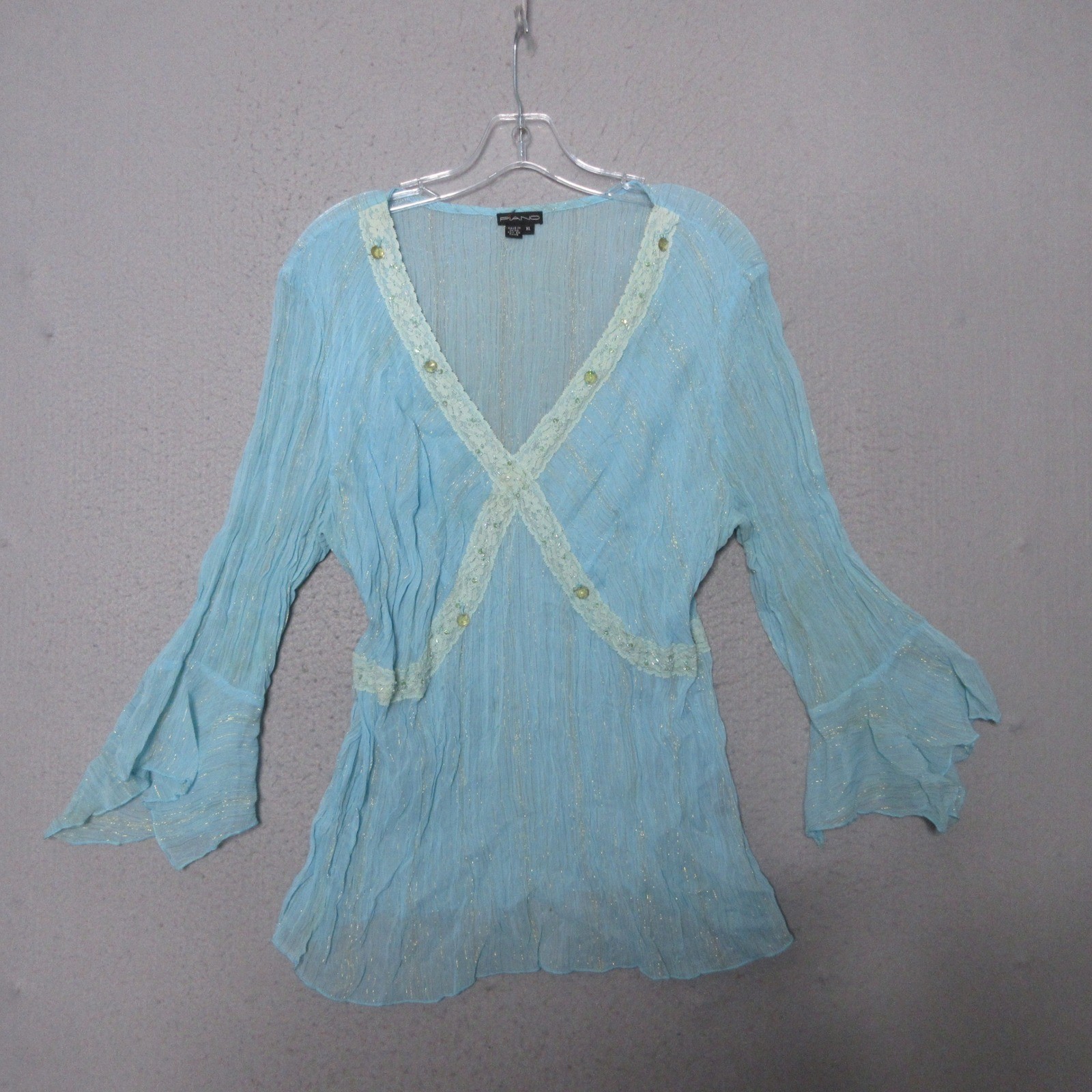 Vintage Y2K Piano Top Blue Y2K Fairy Lace Crinkle Sheer Metallic Ethereal Boho