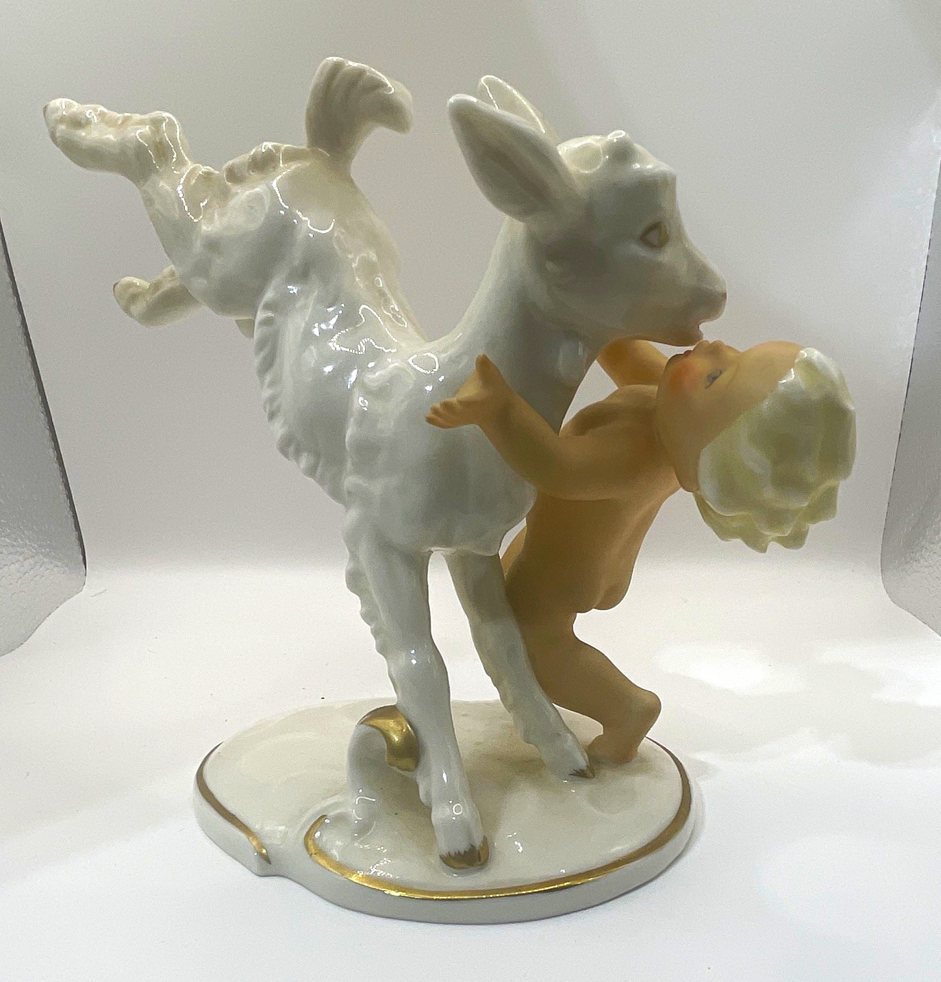 Vintage Schaubach Kunst Germany porcelain Cherub Putti boy and bucking goat Vintage Schaubach Kunst Germany porcelain Cherub Putti boy and bucking goat