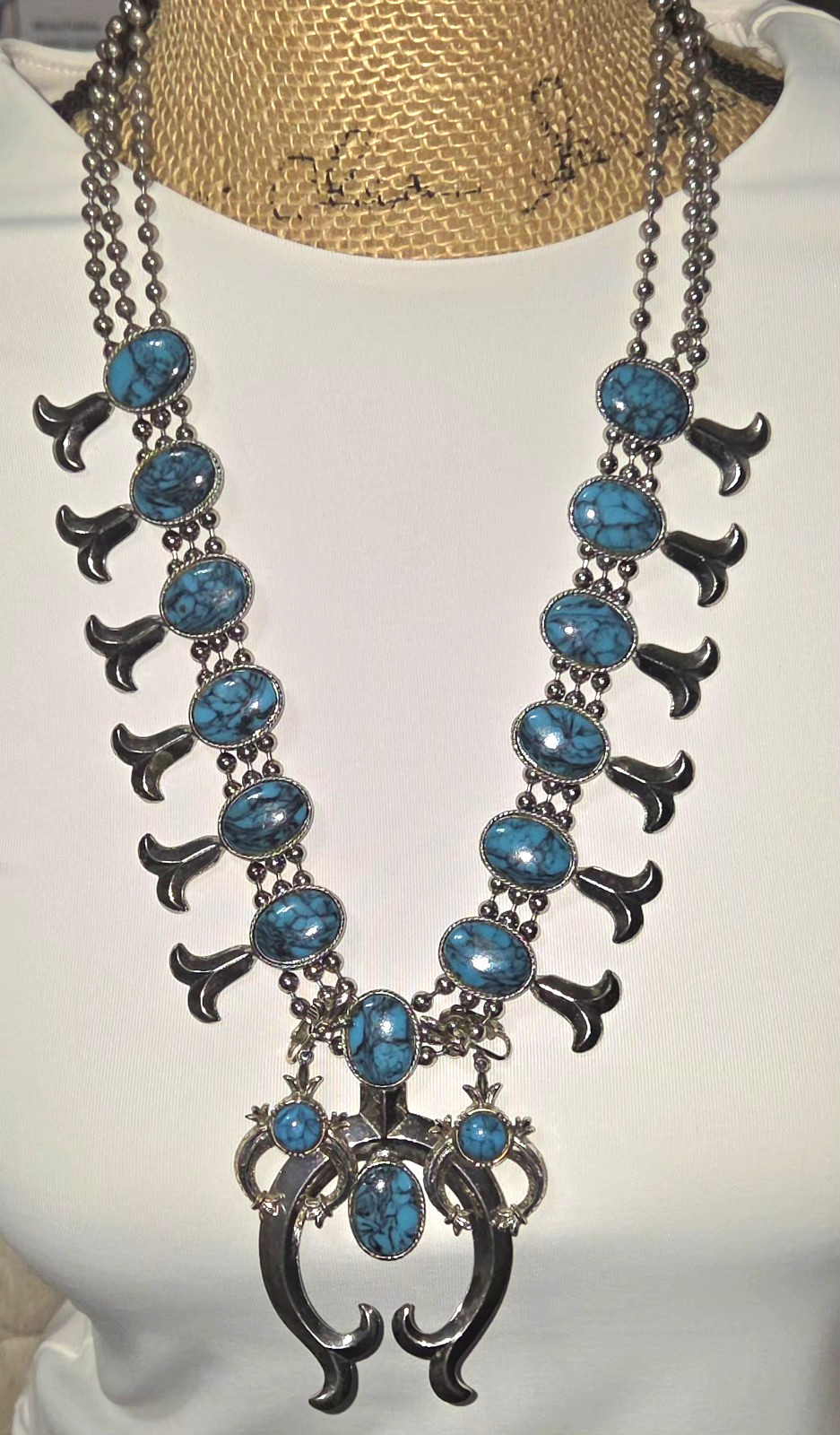 Vintage Signed Goldette Faux Turquoise Squash Bottom Necklace