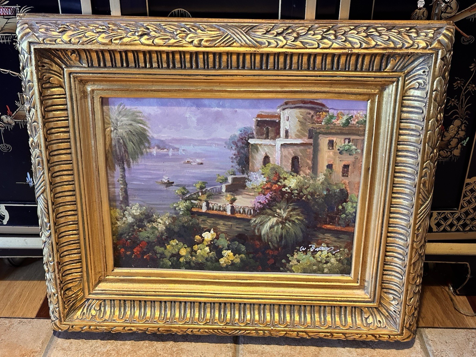 MEDITERRANEAN SEACAPE OIL PAINTING ART SIGNED GOLD WOOD FRAME 24\
