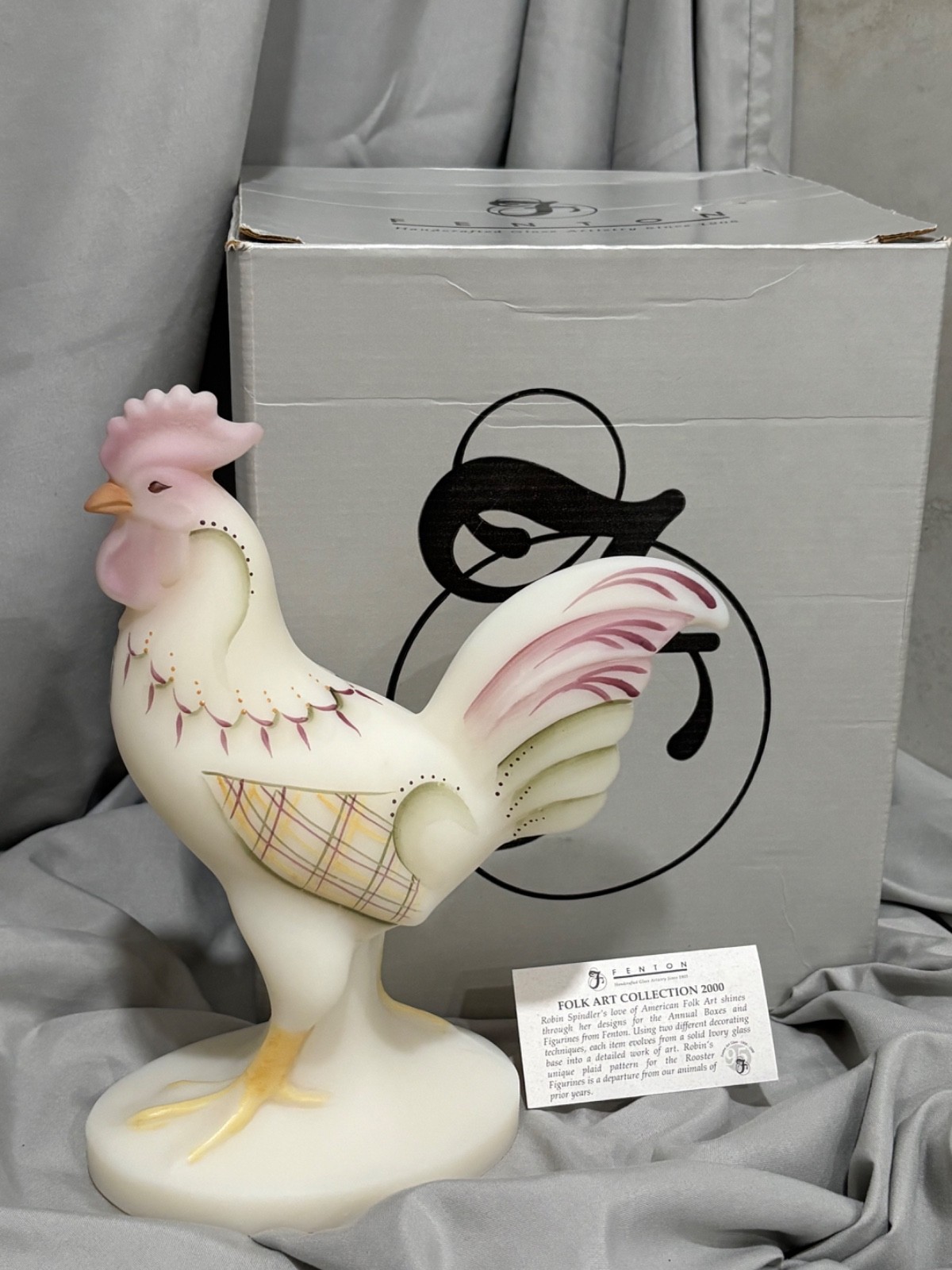 Fenton 5257 J1 Opal Satin Rooster NIB EUC Folk Art 2000 C Curry