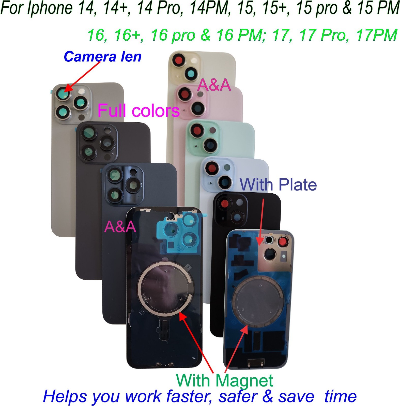 Back Glass replacement Plate,with Magnet, Camera len for Iphone 14 15 16 17PM