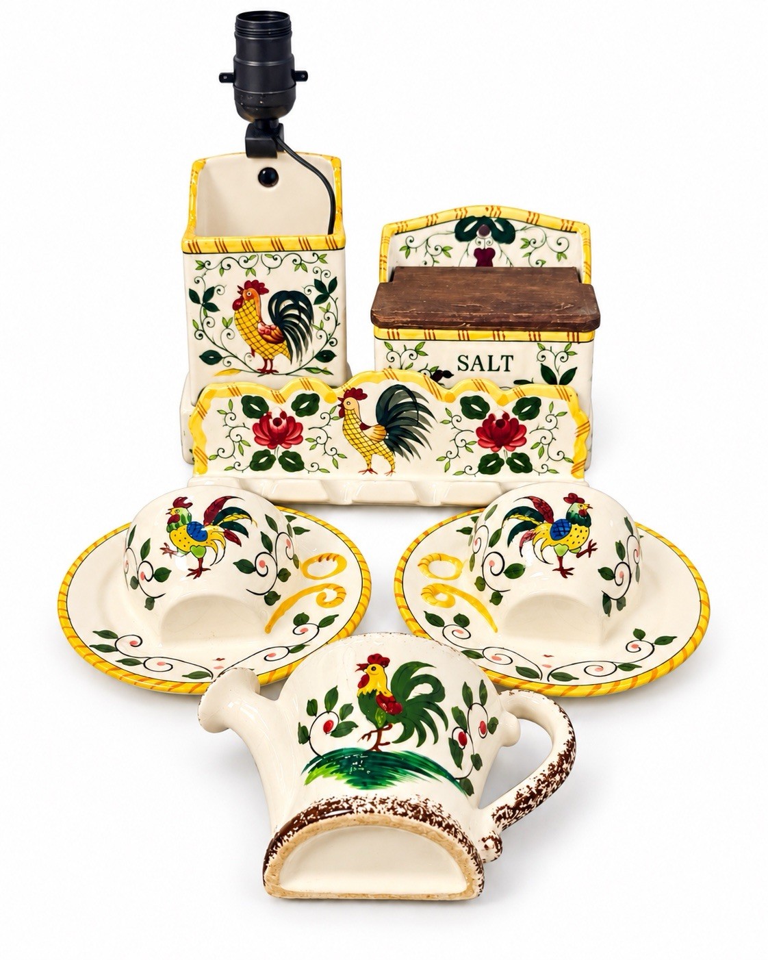 Vintage UCAGCO Japan Rooster Ceramic Wall Set Lamp Salt Well Cups Holder