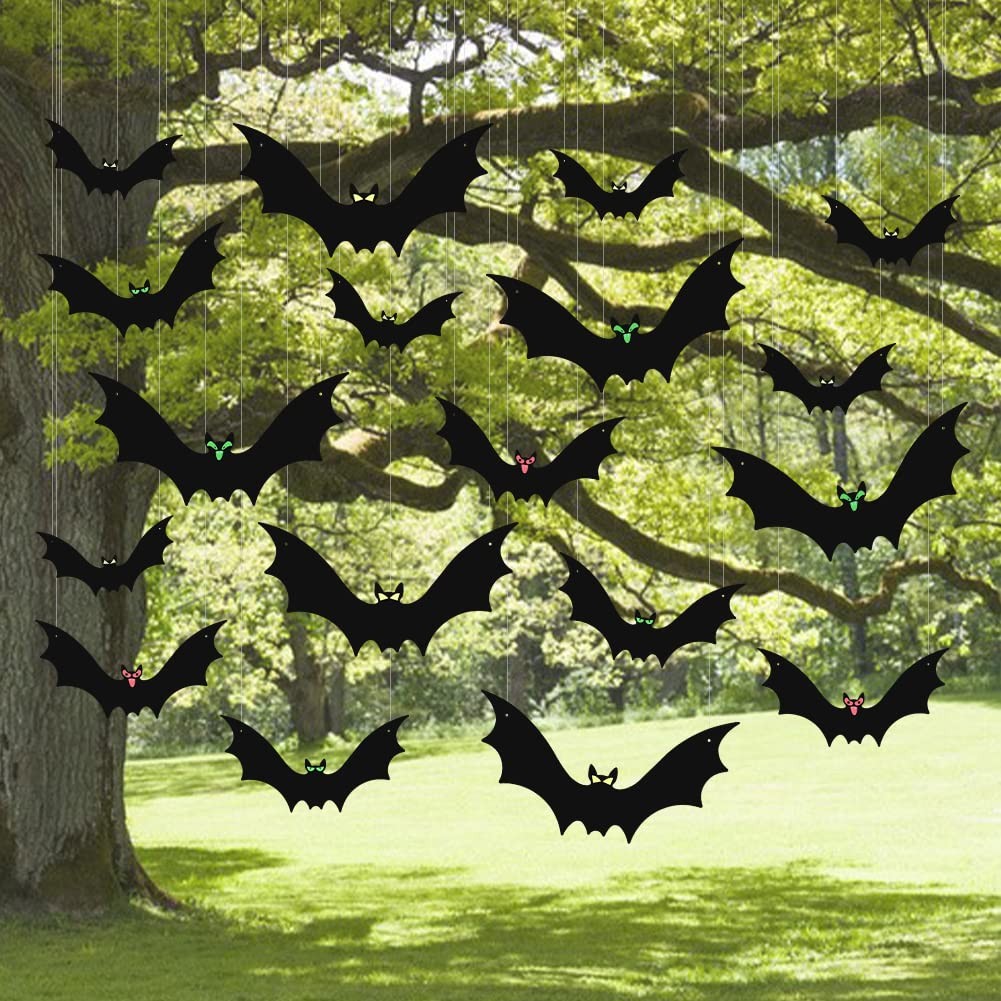(18 Pcs) Hanging Bats Halloween Decoration Outside, Large Flying Plastic Bats Ou
