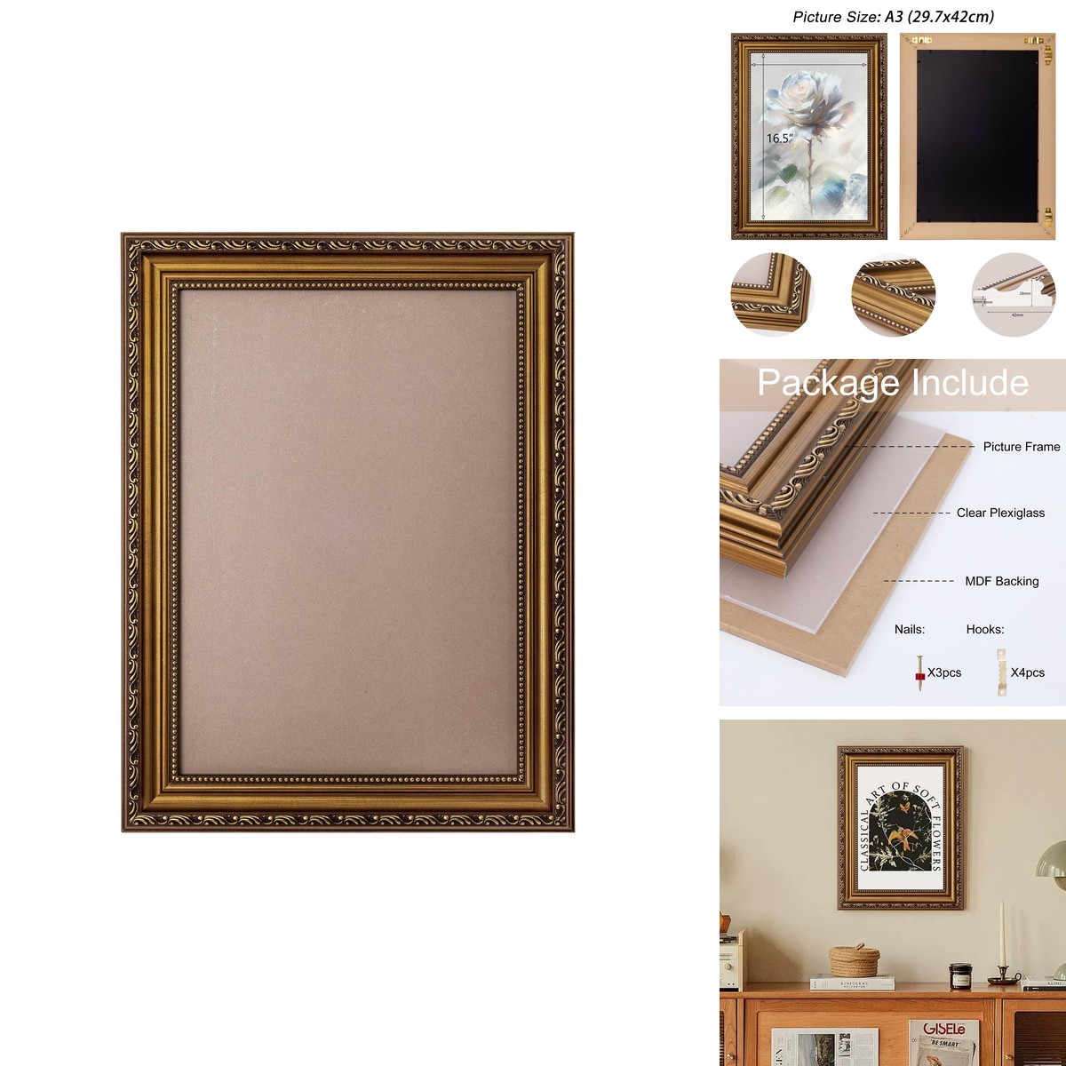 ArtXO A3 Ornate Picture Frame 11.7x16.5in Distressed Antique Gold