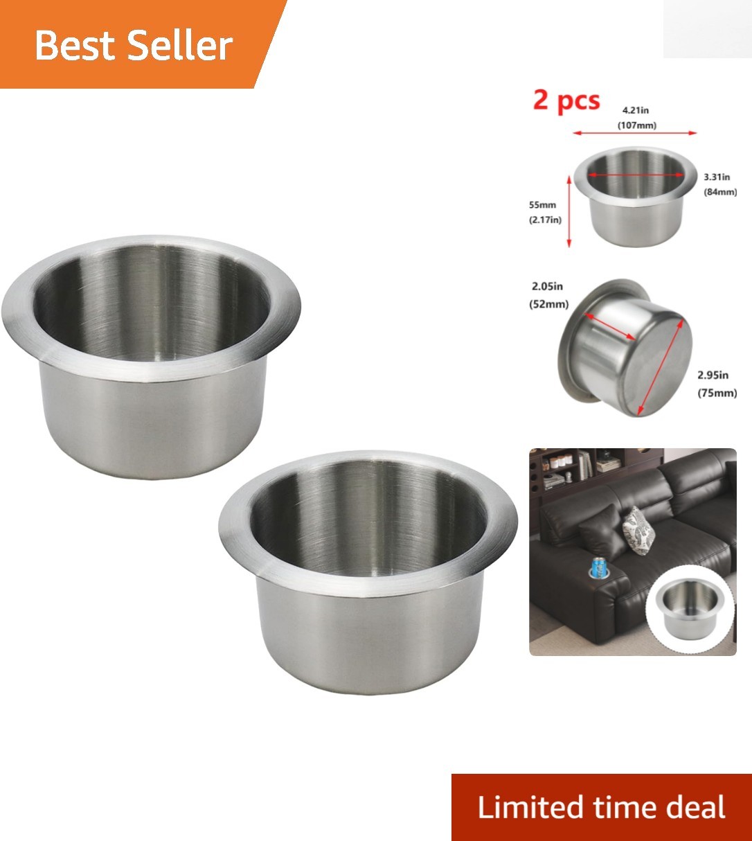 2-Pack Stylish Stainless Steel Cup Holders: Ideal for Home and Automotive Use