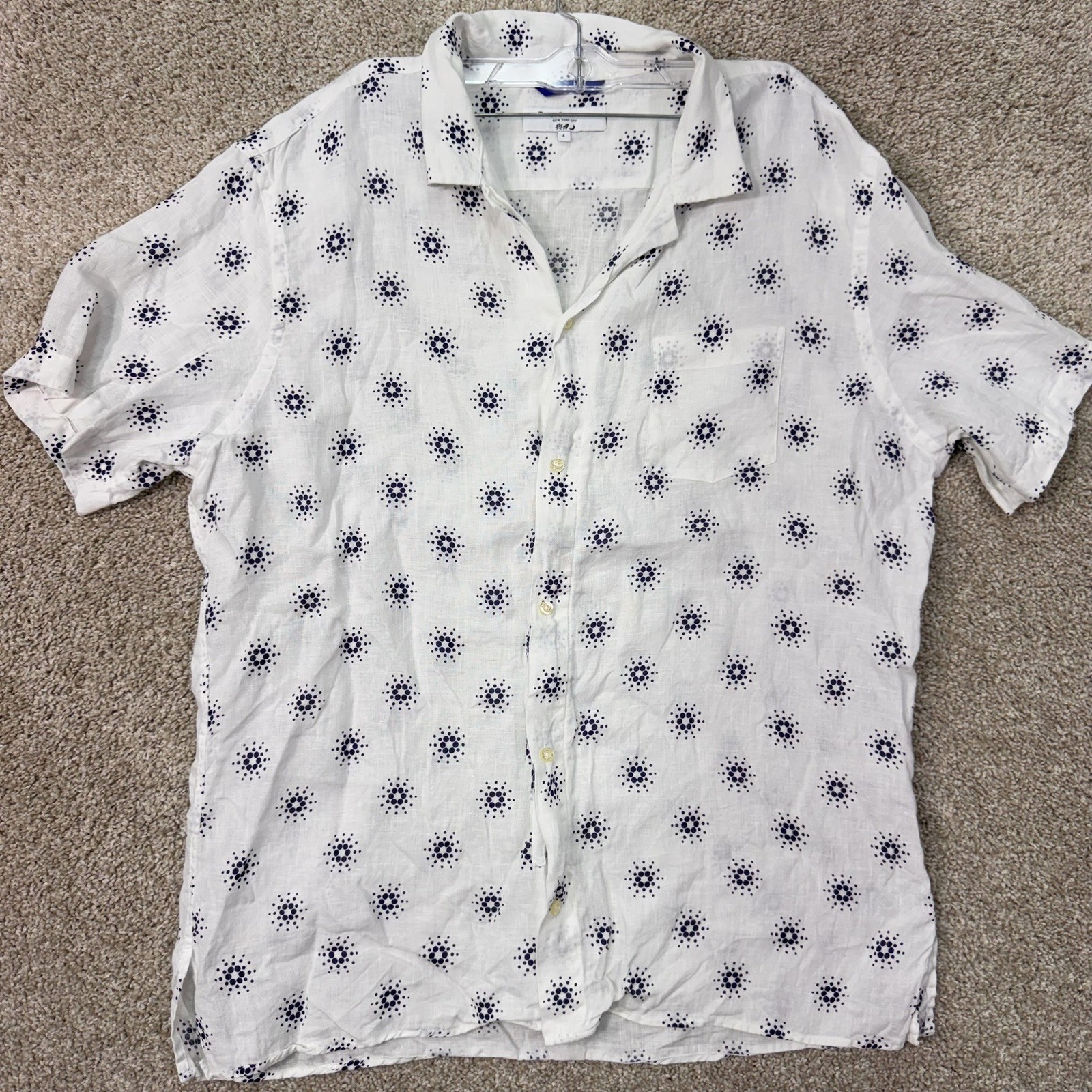 Teddy Stratford Linen Shirt Mens 4 Short Sleeve White Navy Starburst EUC