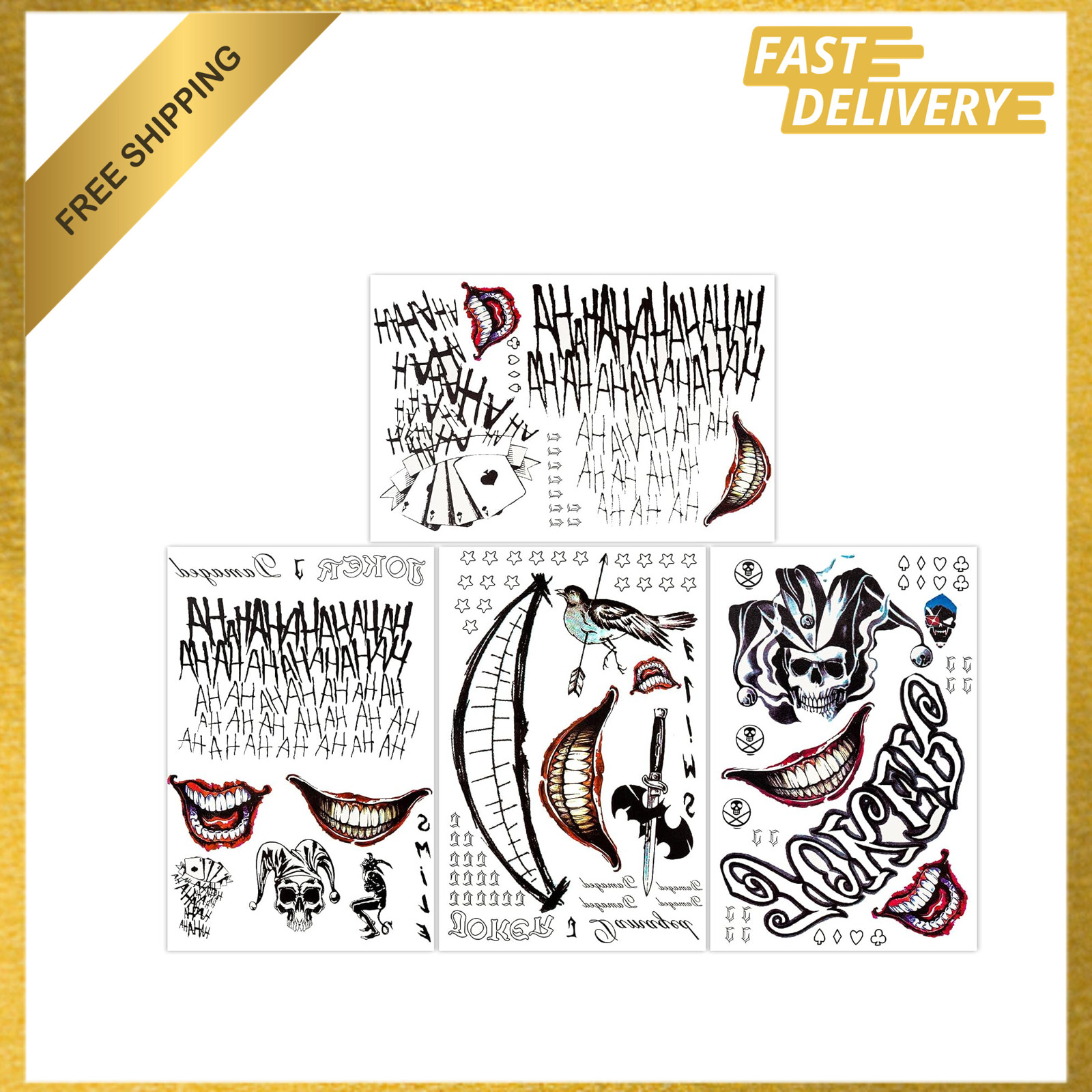 Joker Temporary Tattoos, Large Waterproof Fake Tattoos, 4 Sheets, Halloween Joker Temporary Tattoos, Large Waterproof Fake Tattoos, 4 Sheets, Halloween