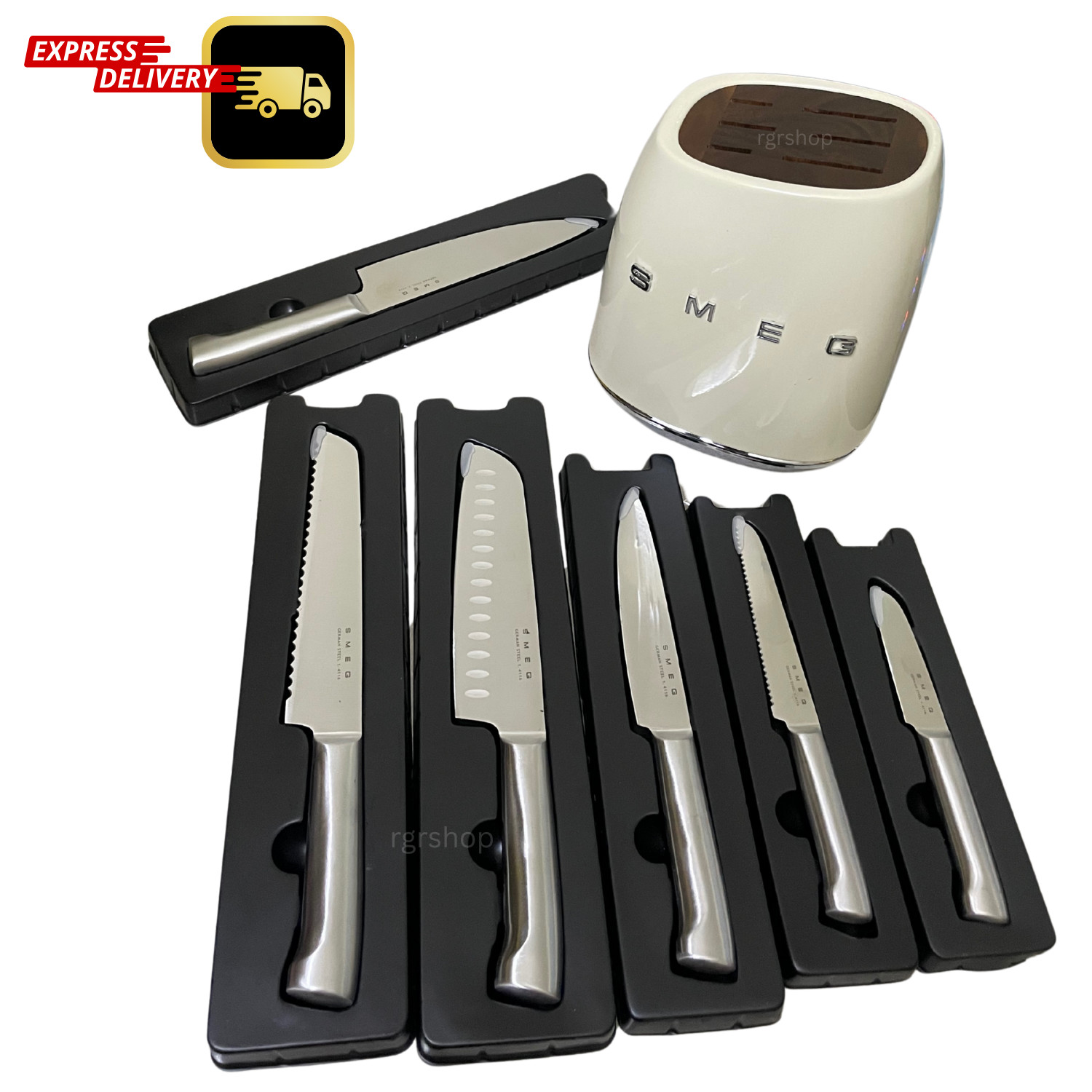 Smeg 7-Piece Kitchen knife Block set stainless steel Cream colour FAST SHIPPING