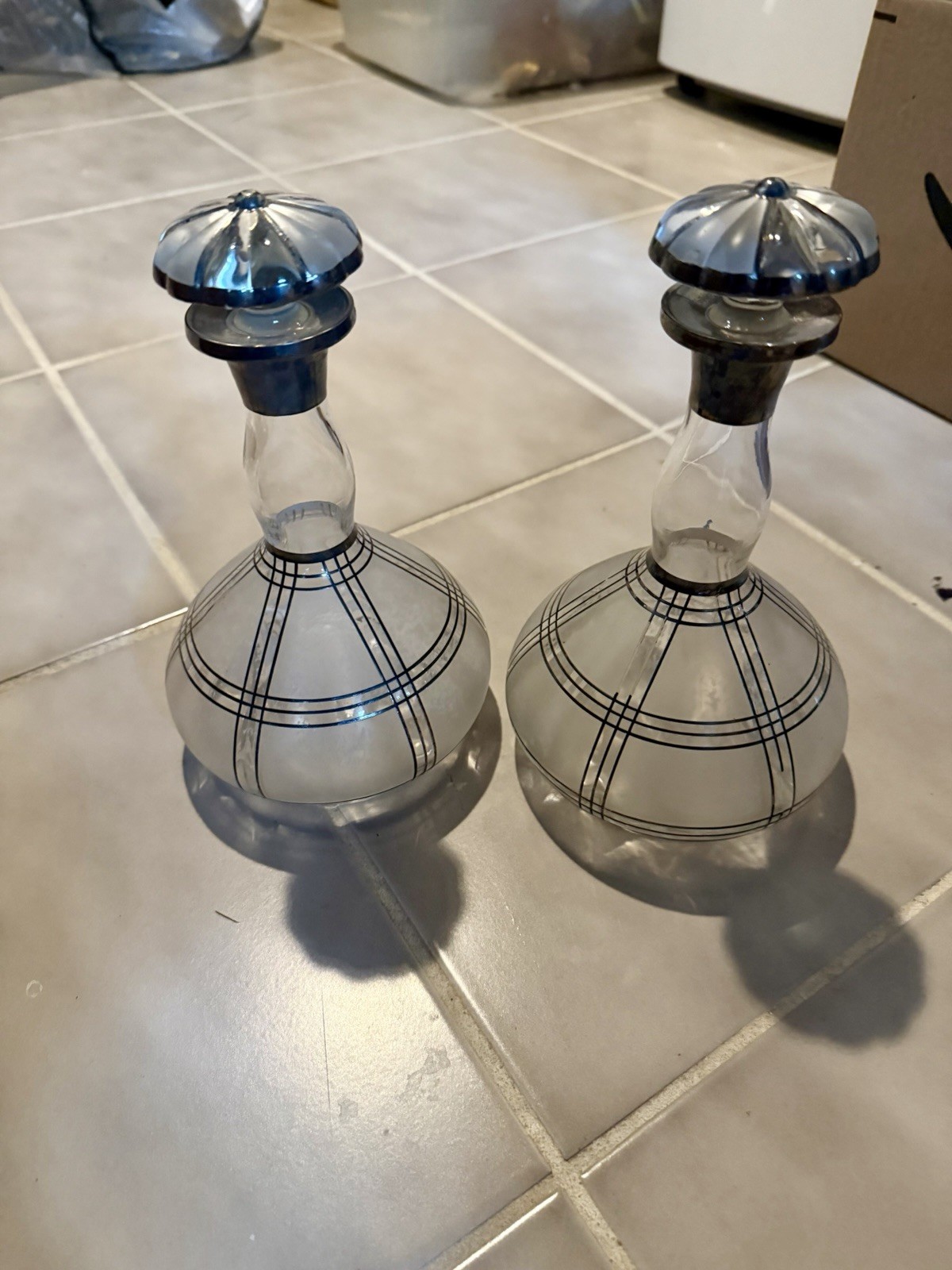 Pair of Antique .925 Silver  Etched Plaid Decanters W/ Stoppers