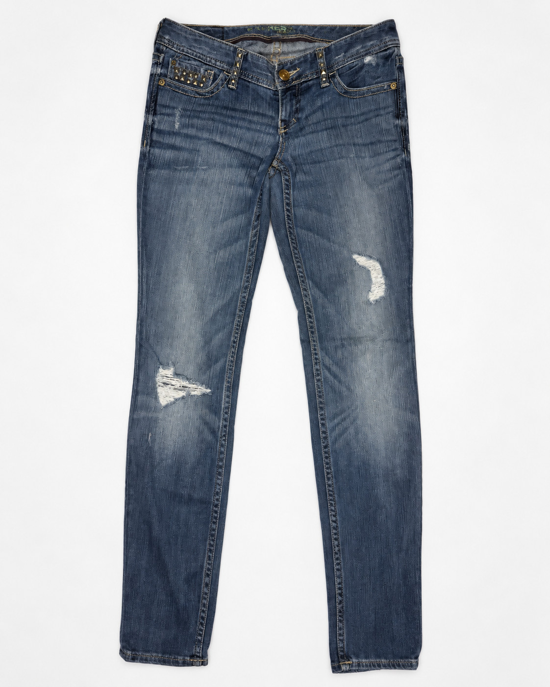 Express Women’s Size 2 Blue Distressed Studded Jeans Low Rise Straight Leg Denim Express Women’s Size 2 Blue Distressed Studded Jeans Low Rise Straight Leg Denim