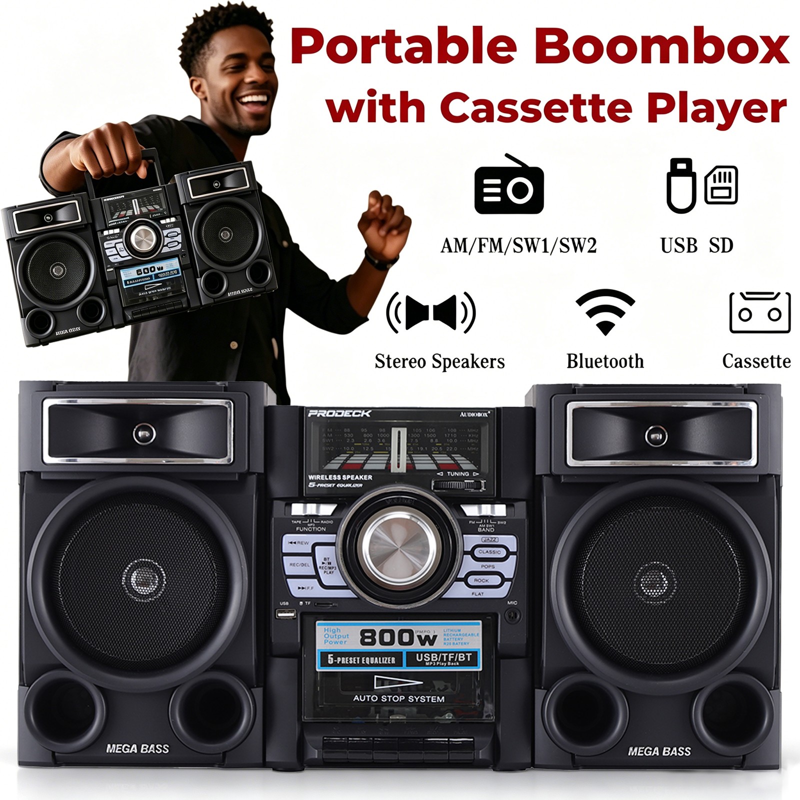 800W Portable Retro Boombox Cassette Player Bluetooth Speaker System AM/FM/SW