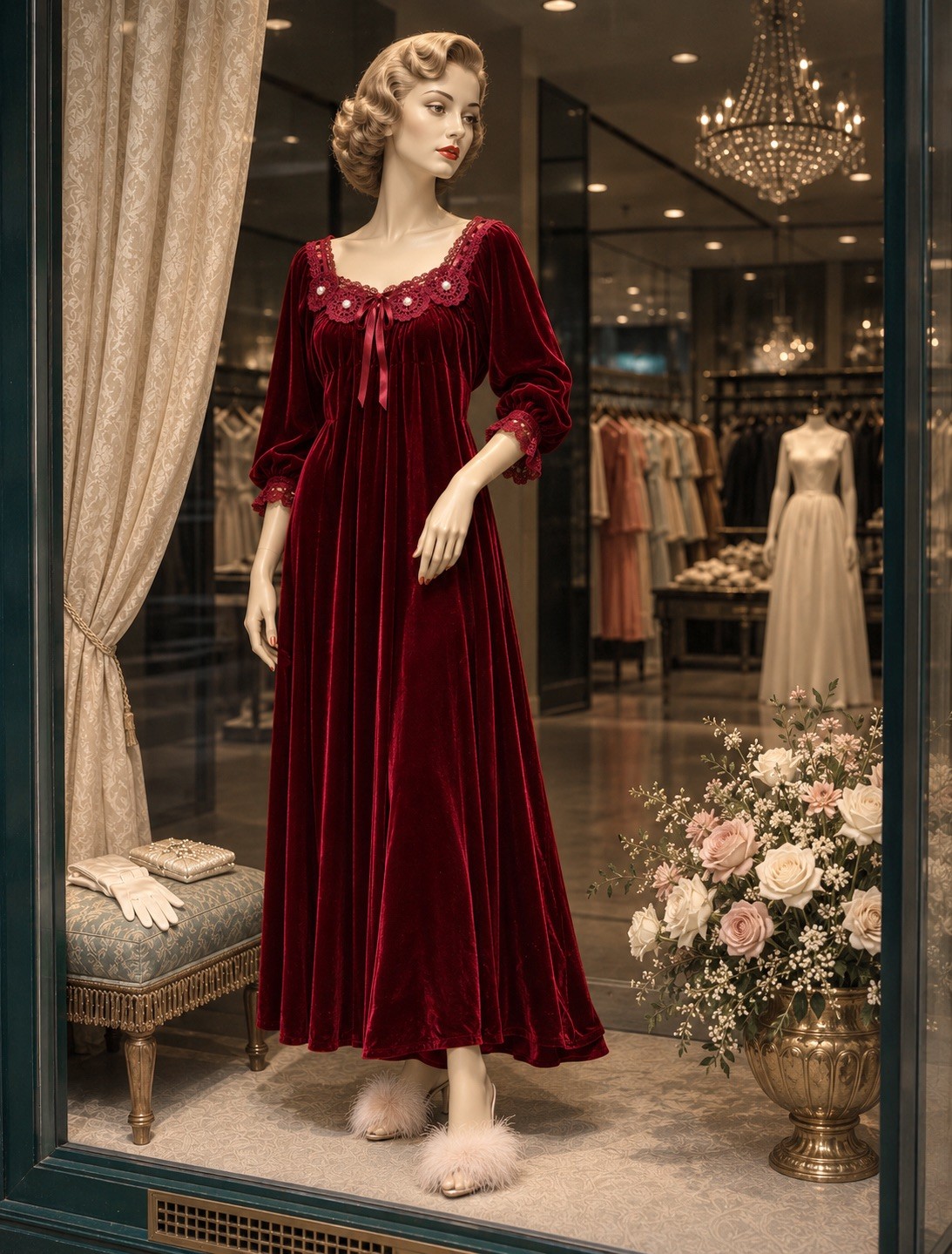Vintage Burgundy Red Velvet Nightgown Robe Lace Rhinestone Trim Dress Wine Red