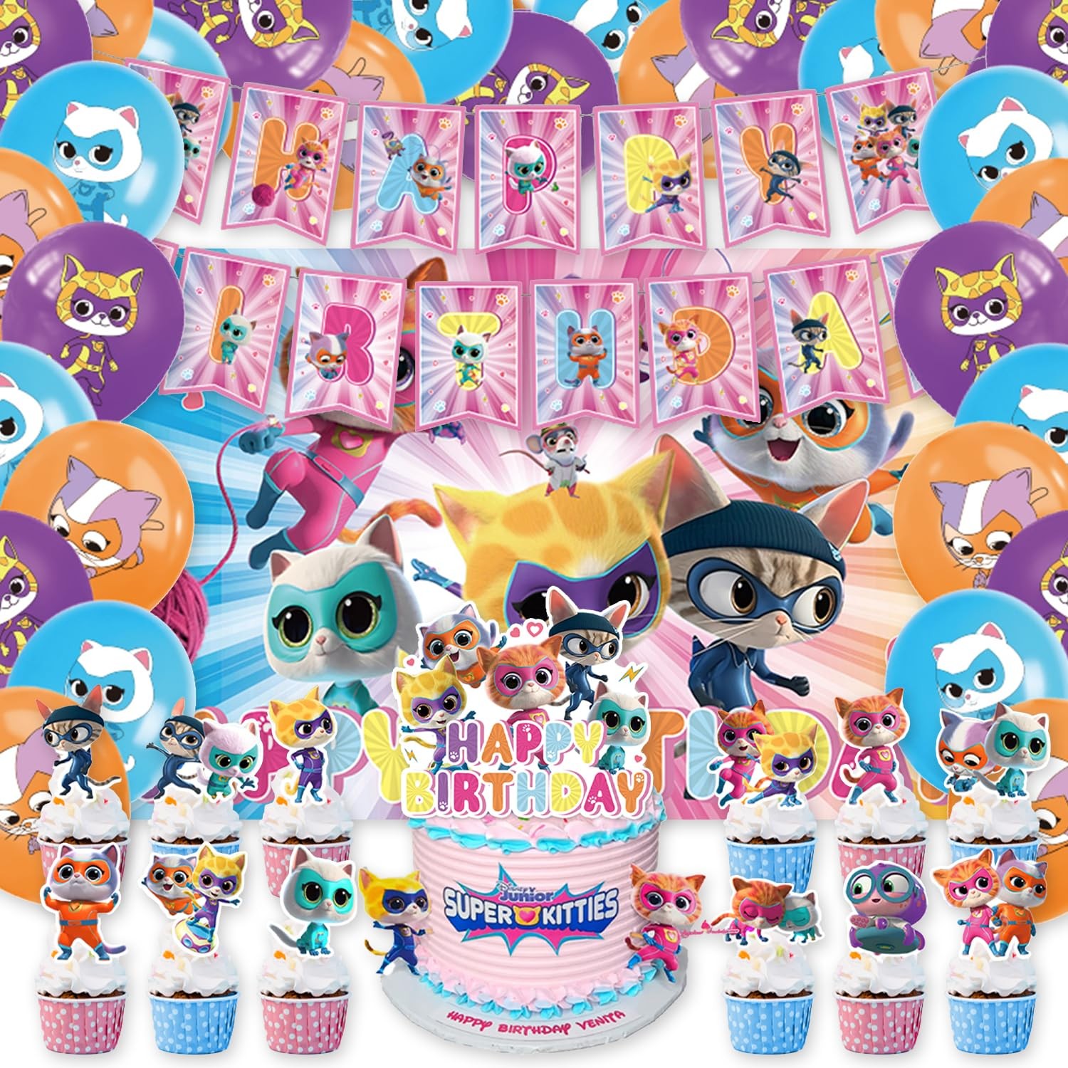42Pcs Super Kitties Party Supplies Pack Includes?Banner?Cake Topper?Blackdrop,Ba