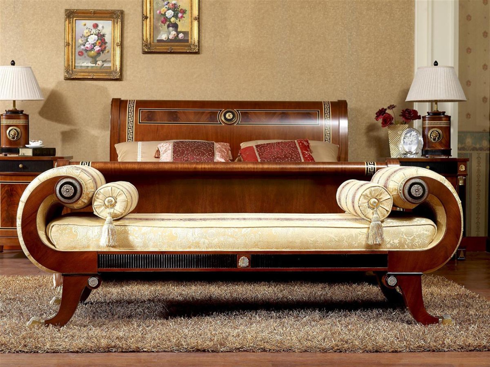 Luxury European Walnut Bedroom Bench End of Bed Upholstered Accent Seat