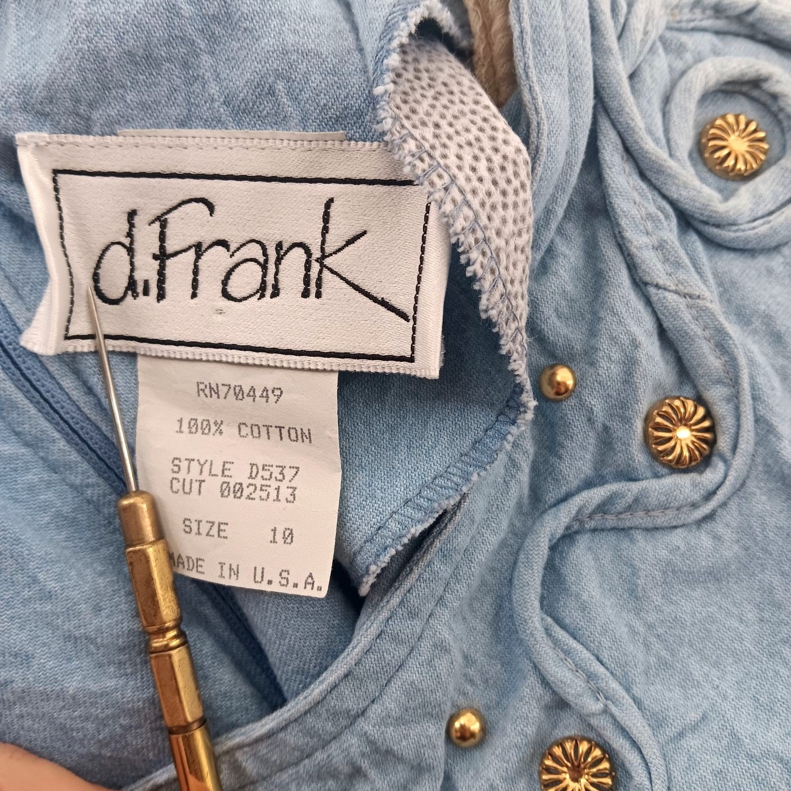 Vintage Texas Granny Dress 10 D. Frank Light Blue Embellished Chambray Denim USA