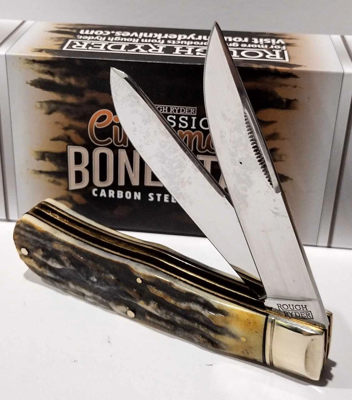 Rough Ryder Brown Cinnamon Stag Bone Carbon Jumbo Trapper Pocket Knife RR2431