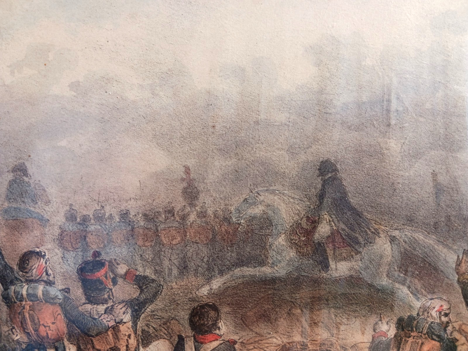 Antique historical French hand-colored lithograph Napoleon in battle by Raffet Antique historical French hand-colored lithograph Napoleon in battle by Raffet