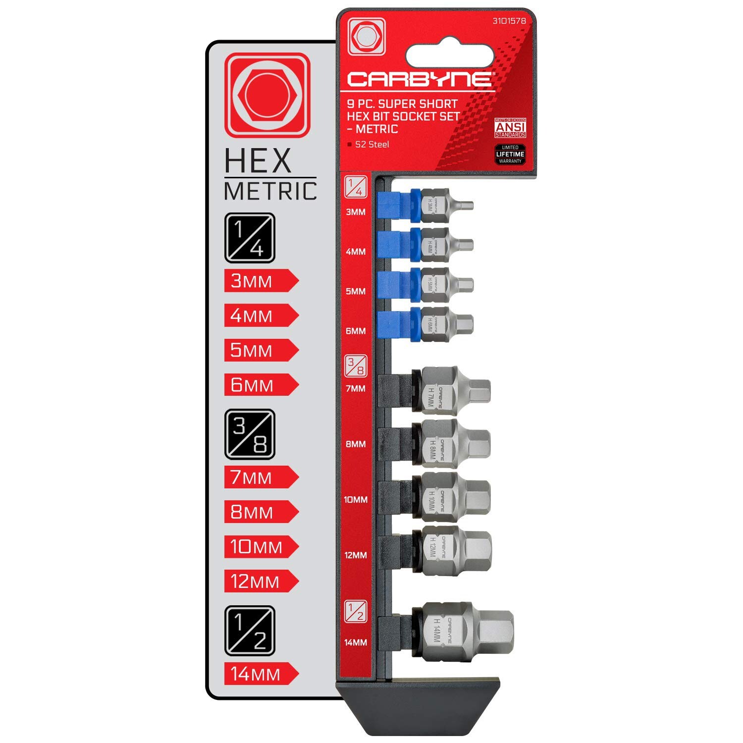 CARBYNE 9 Piece Super Short Hex Bit Socket Set - Metric, 3mm to 14mm | S2 Steel