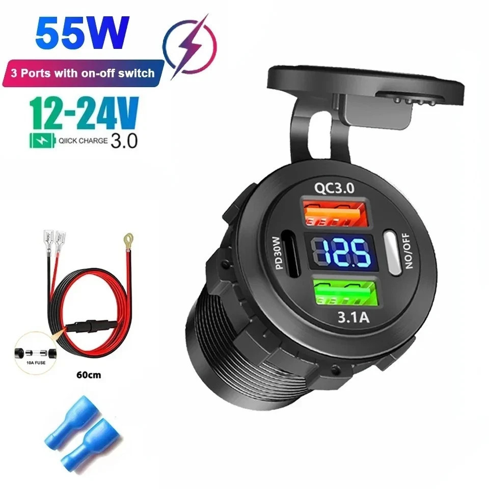 12-24V 4 Port Fast Car Charger QC3.0 & PD USB C Outlet Socket for Boat RV Marine