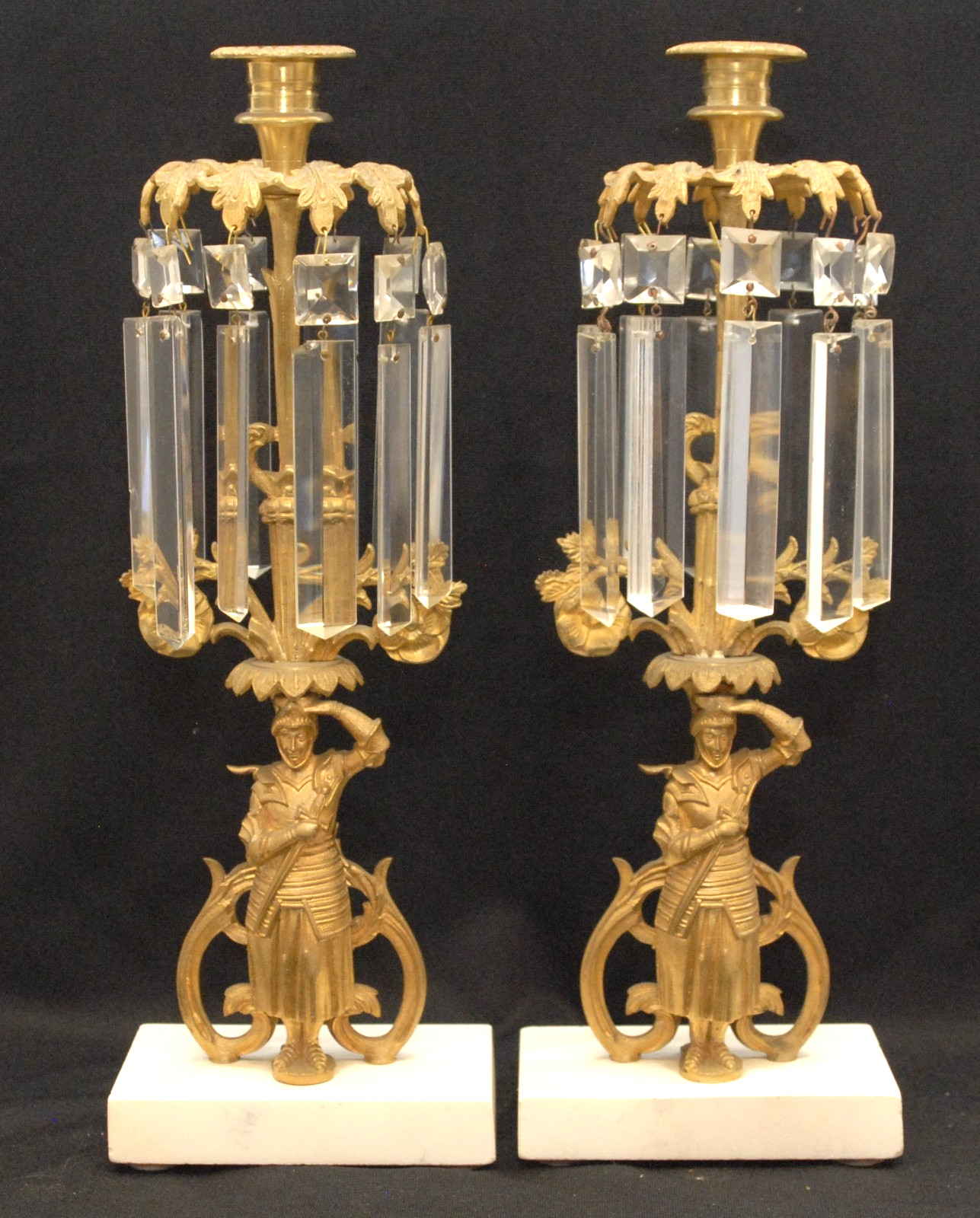 RARE VICTORIAN ORNATE GILT BRONZE & PRISMS FIGURAL KNIGHT GIRANDOLES CANDELABRAS RARE VICTORIAN ORNATE GILT BRONZE & PRISMS FIGURAL KNIGHT GIRANDOLES CANDELABRAS