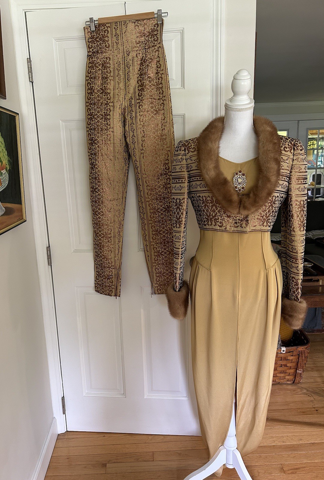 Vintage Fausto Sarli 3 Piece Fox Fur Lined Brocade Blazer Outfit Italian Design 