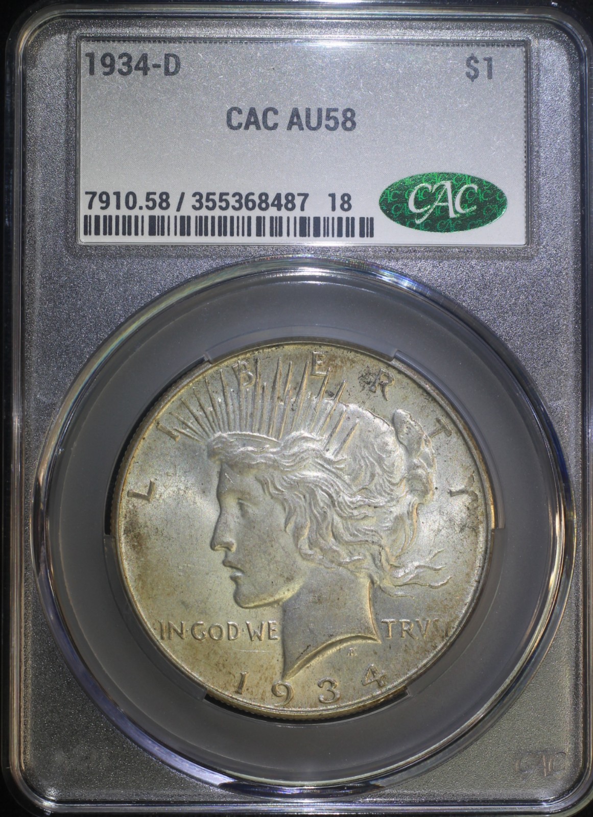 1934 D Peace Silver Dollar CACG AU58 Well Struck CAC Coin Nicely Toned Patina 1934 D Peace Silver Dollar CACG AU58 Well Struck CAC Coin Nicely Toned Patina