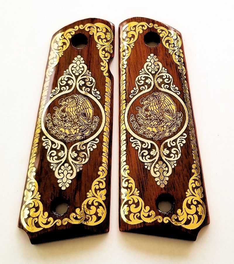 1911 custom engraved walnut wood grips gold silver Mexican Flag Eagle Aquila