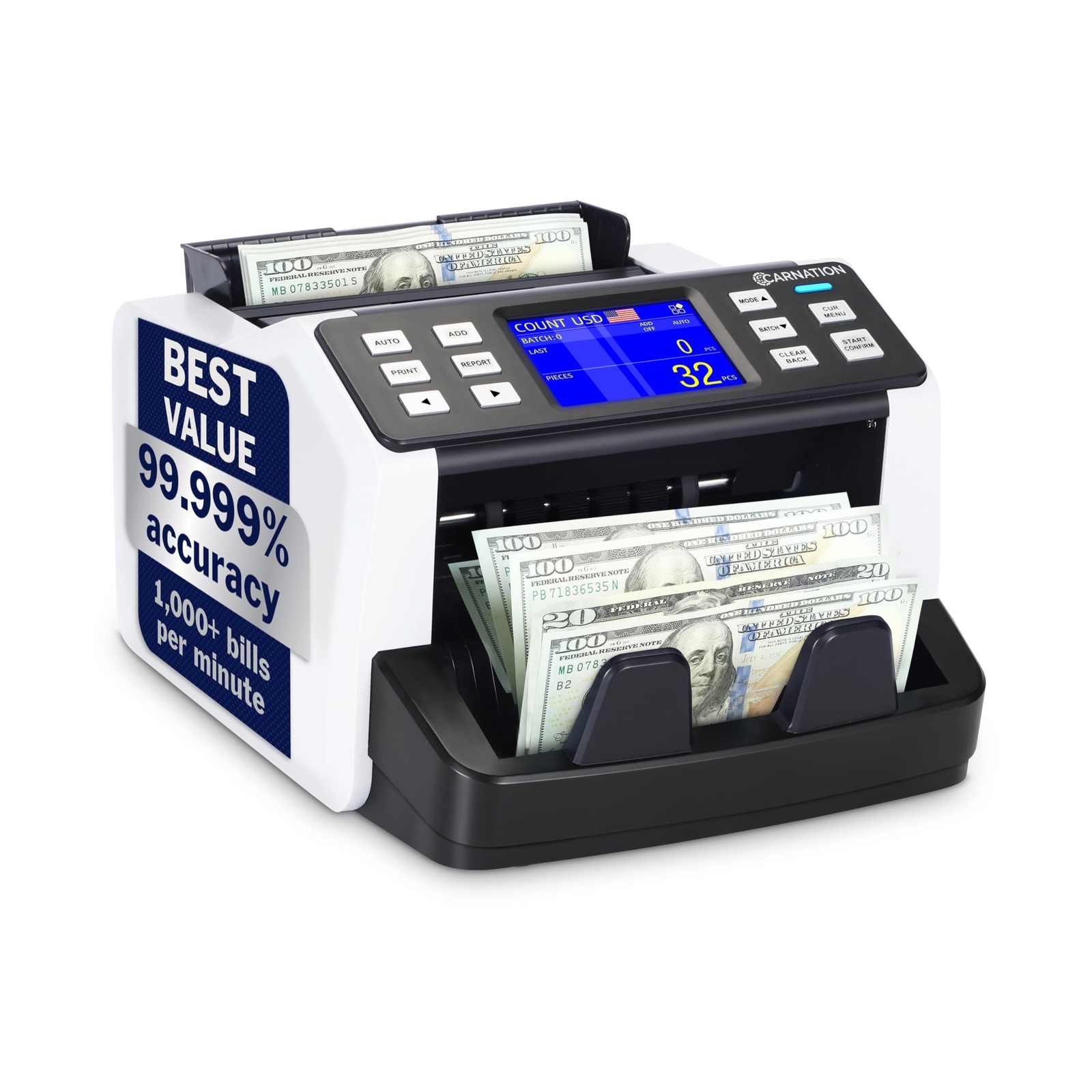 CARNATION Money Counter Machine – Cash Counting & Mixed Denomination Bill CARNATION Money Counter Machine – Cash Counting & Mixed Denomination Bill