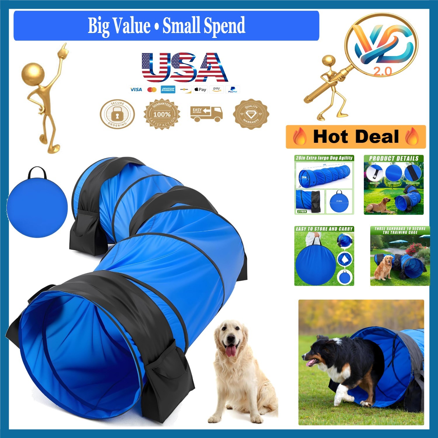 Blue 28in x 10ft Dog Agility Tunnel Large with Sandbags & Spikes
