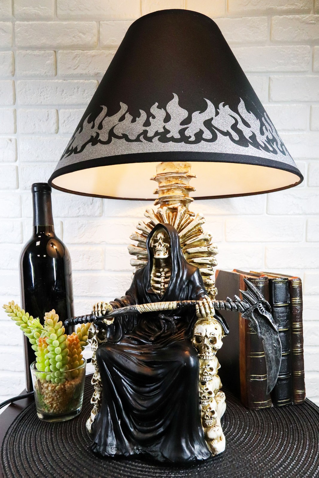 Ebros Grim Reaper Seated On Skeleton Justice Throne With Scythe Table Lamp Shade