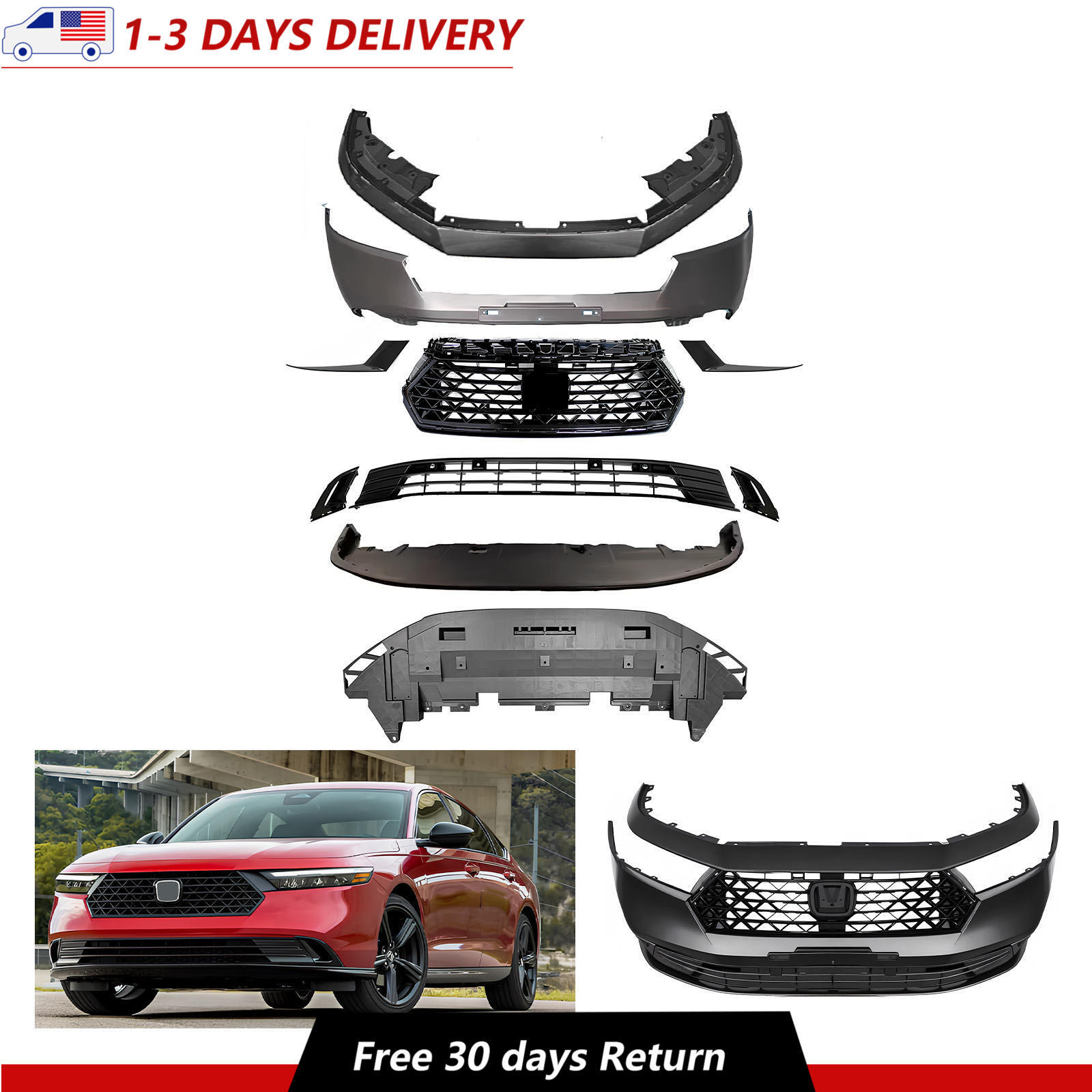 Fits 2023-2024 Honda Accord Complete Front Bumper grille set W/O Sensor Holes