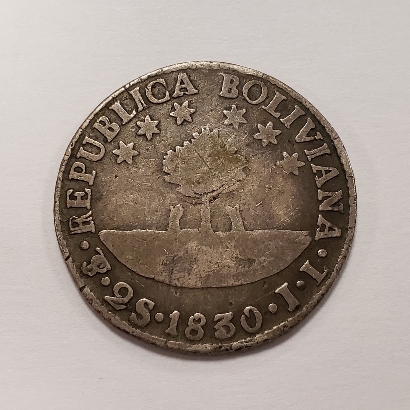 1830 PTS JL Bolivia 2 Sols Silver .133 ASW - KM95a - SKU-Q6318