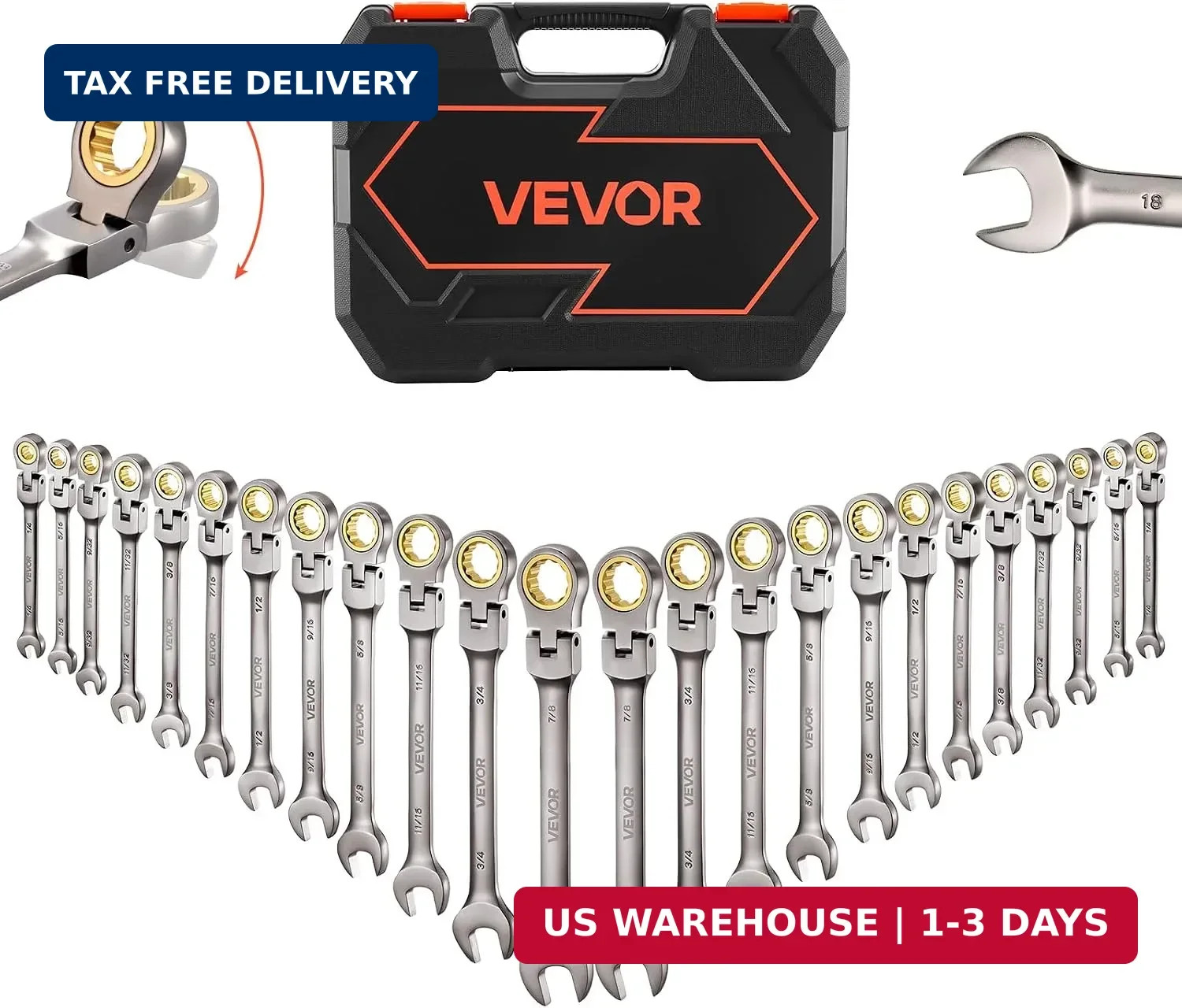 VEVOR 24-piece Ratcheting Wrench Set with 180° Flex Head, Anti-Slip Tooth, Combi