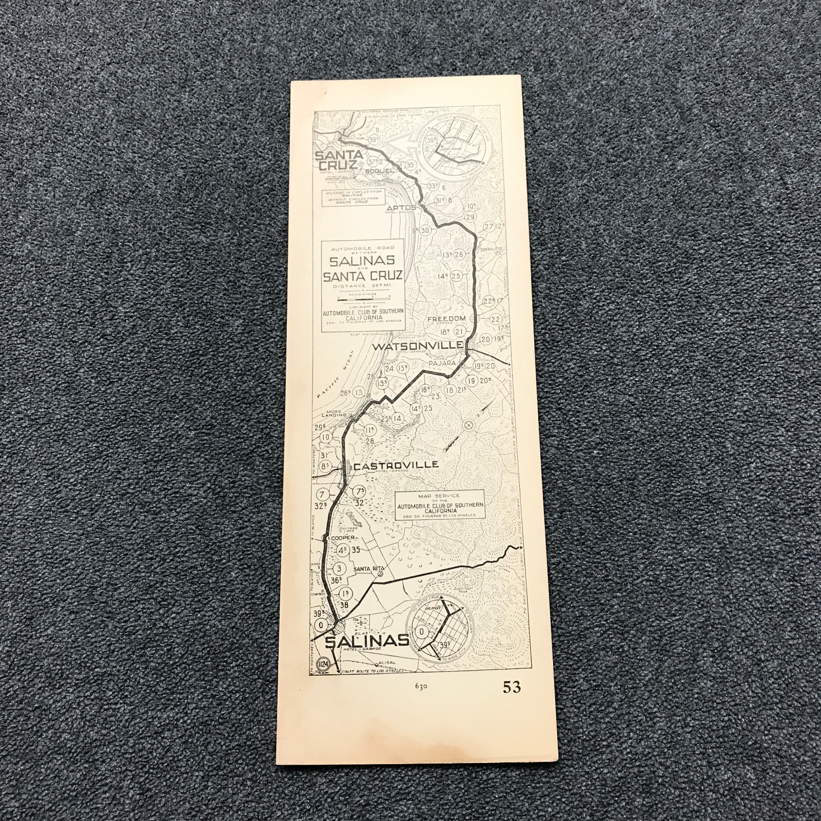 1920s AAA Auto Club SoCal Salinas to Santa Cruz Watsonville Map #53 Vintage RARE