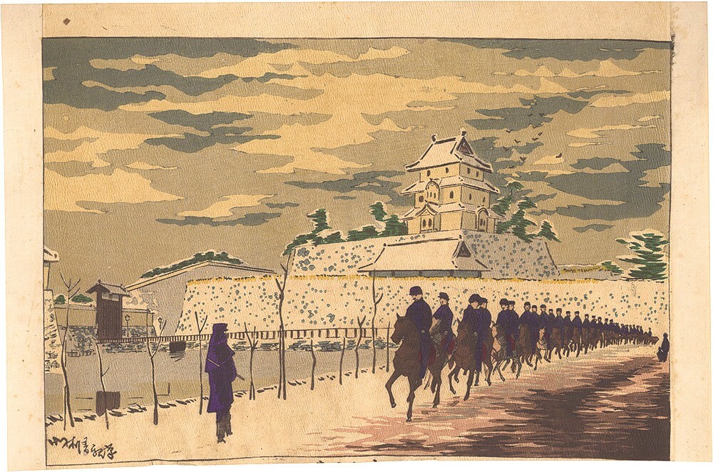 WB Kobayashi Kiyochika Woodblock Prints Edo Castle Horse Riders Snowscape Meiji