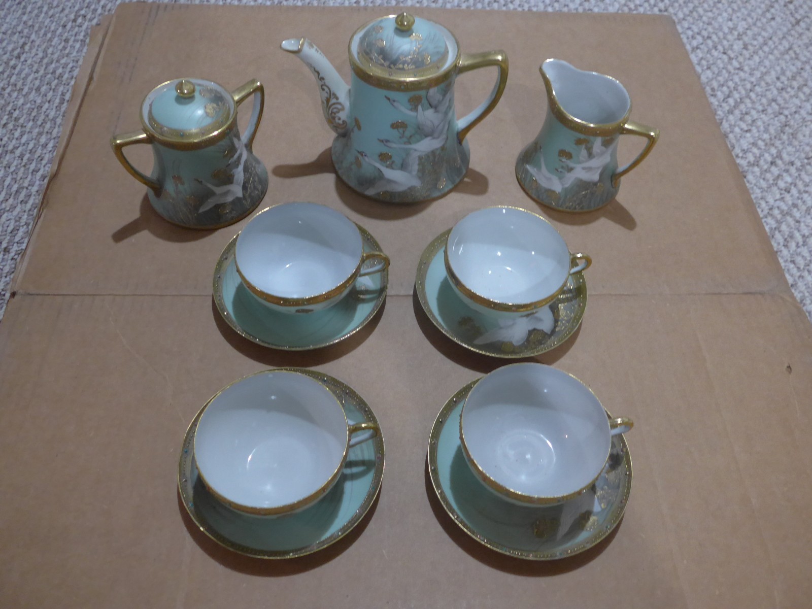 Vintage Noritake Jeweled Thick Gold Blue Teal Flying Geese Tea Service for 4