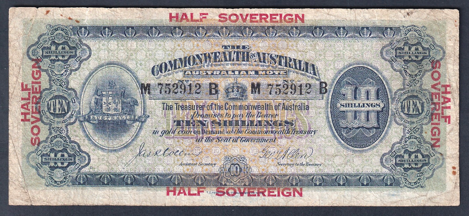Australia R-2 eF. (1915) Collins/Allen - 10 Shillings. 1st Prefix M/B.. Fine Australia R-2 eF. (1915) Collins/Allen - 10 Shillings. 1st Prefix M/B.. Fine