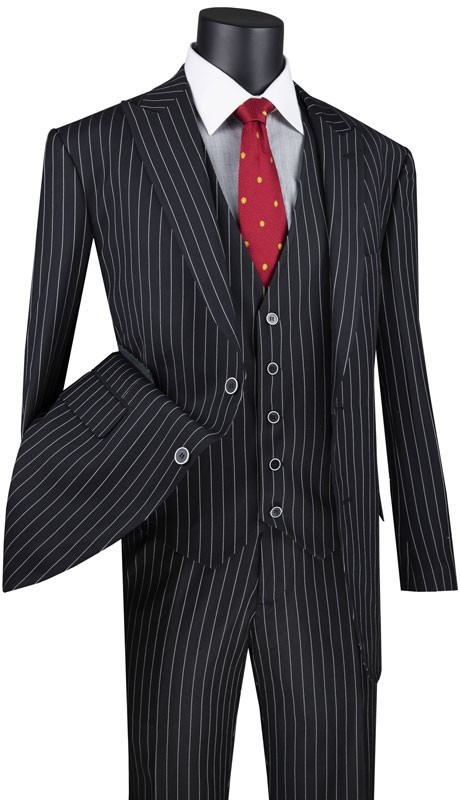 Vinci Men\'s Regular Fit Gangster Stripe 2-Button 3-Piece Suit Vinci Men\'s Regular Fit Gangster Stripe 2-Button 3-Piece Suit