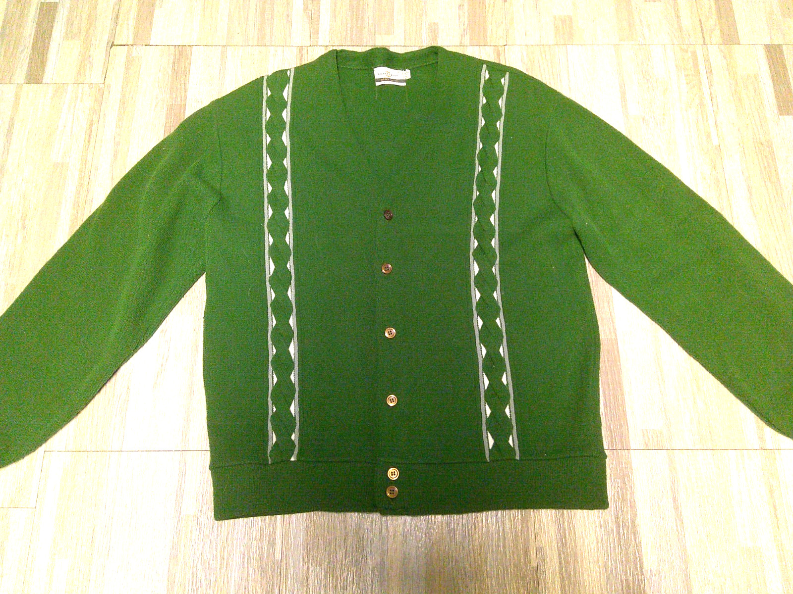 Vtg 60s Grant Crest Olive Green Stripe Acrylic Knit Cardigan Sweater L Cobain