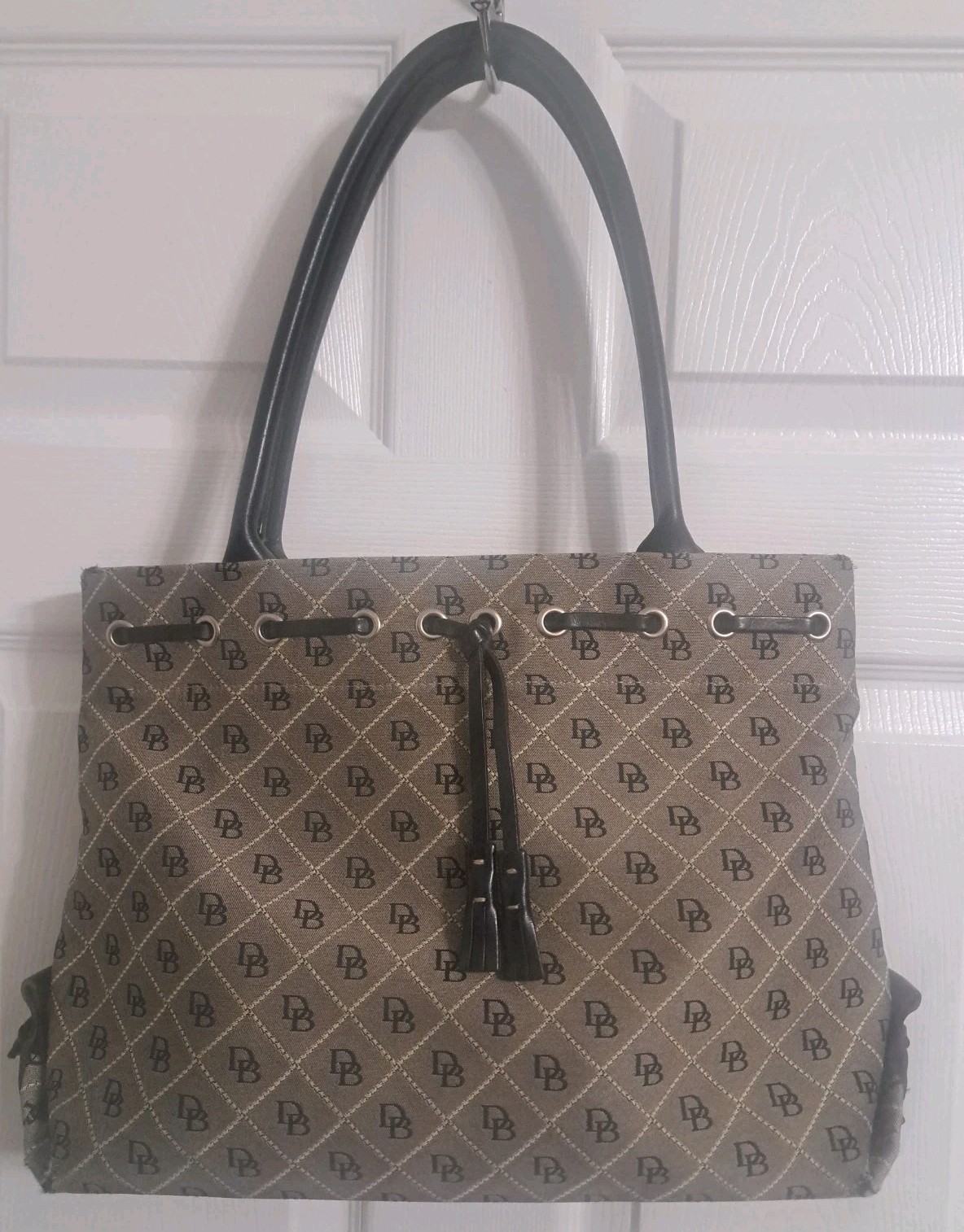 Dooney & Bourke Canvas DB Logo Diamond Pattern Large Tote Bag Leather Handles