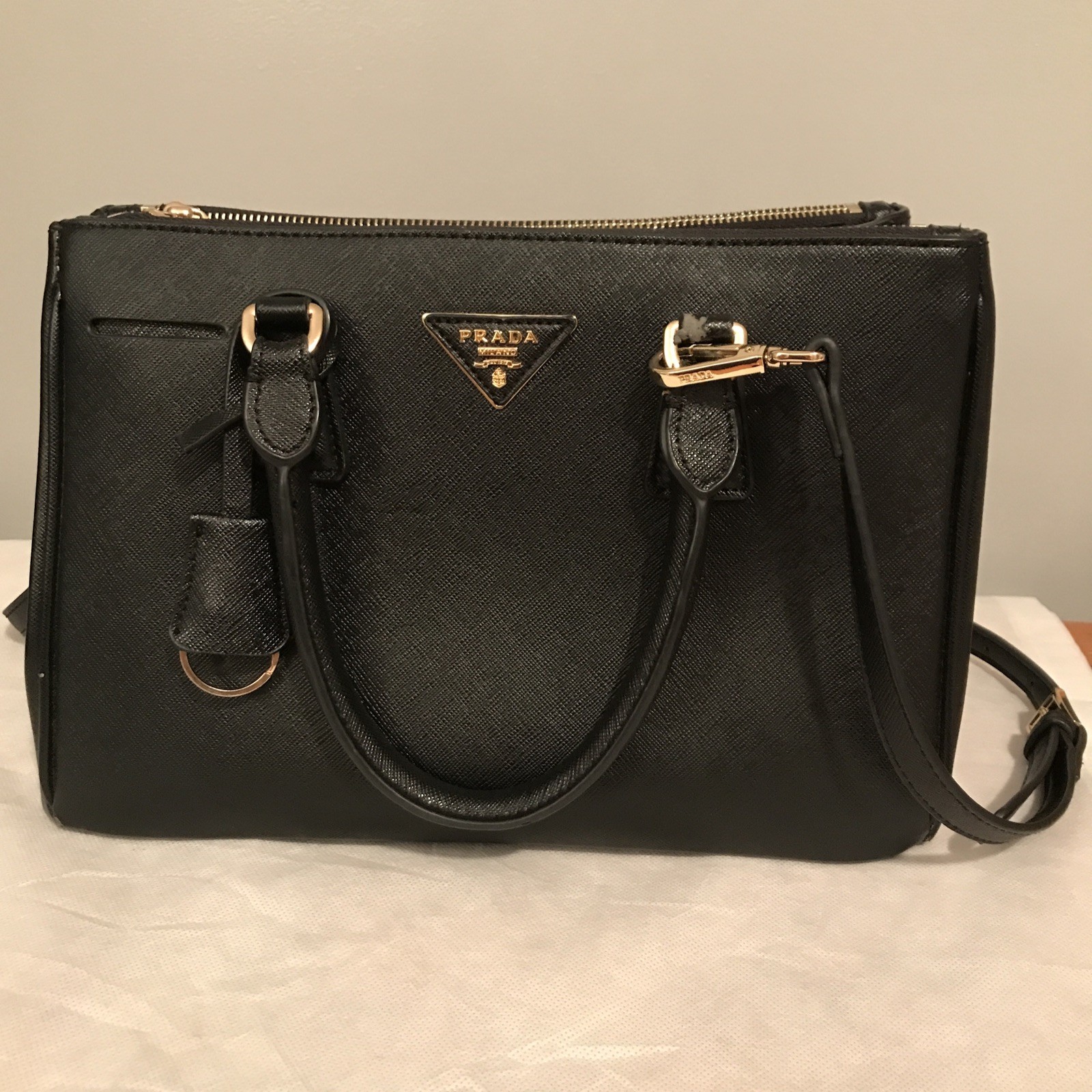 PRADA Black Saffiano Lux Galleria Faux Leather Medium Double Zip Purse Bag