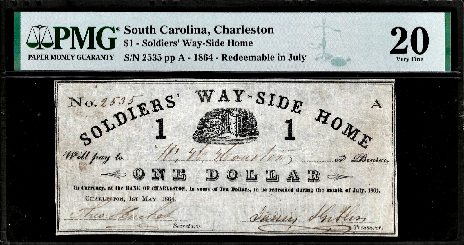 1864 Civil War Soldiers Way-Side Home Charleston SC $1 Obsolete PMG VF20