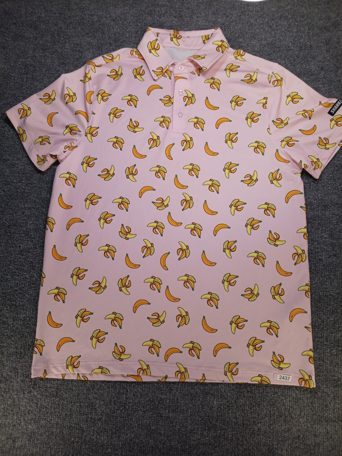 ShankItGolf Men\'s XL Pink Banana Print Performance Golf Polo Short Sleeve Shirt