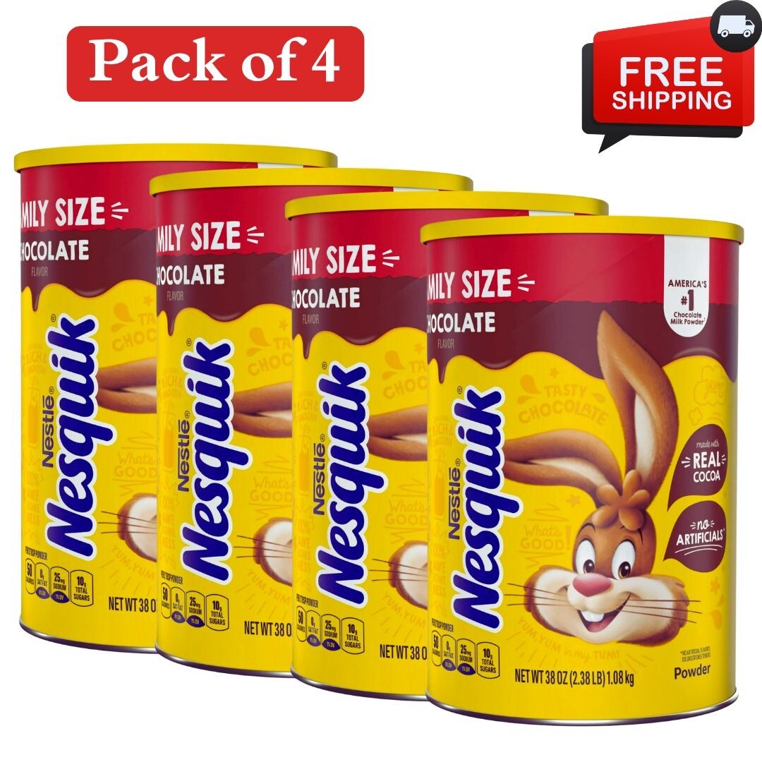 (4 Pk) Nestle Nesquik Chocolate Flavor Powder in Drink Mix Canister, 83 Servings
