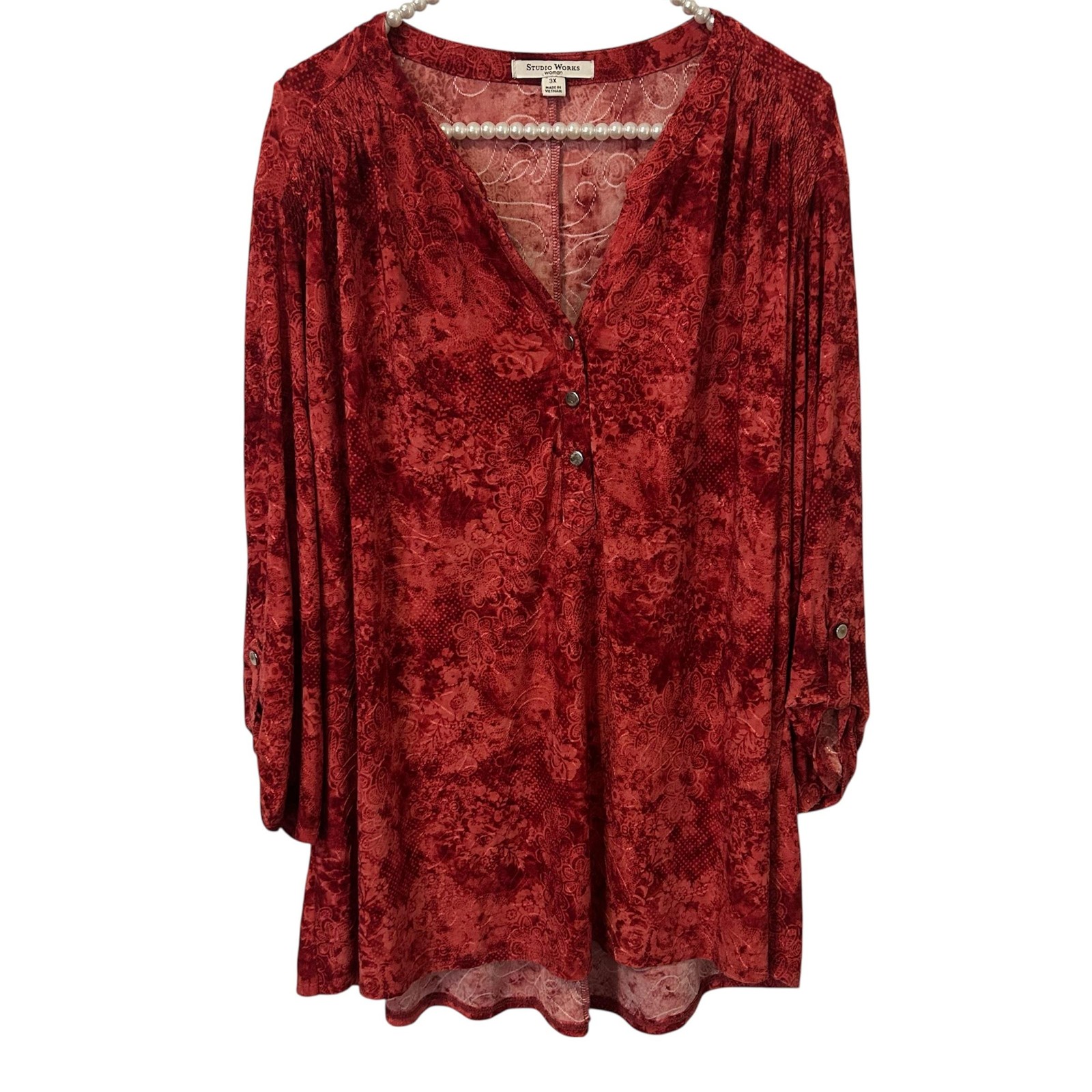 Studio Works Top Womens 3X Red dark Floral artsy grunge romantic office boho