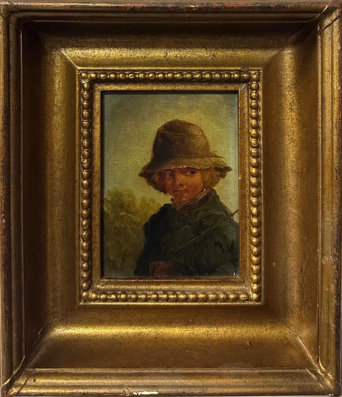 CONTINENTAL SCHOOL 19thC Country Child Portrait Oil on Board Gilt Frame